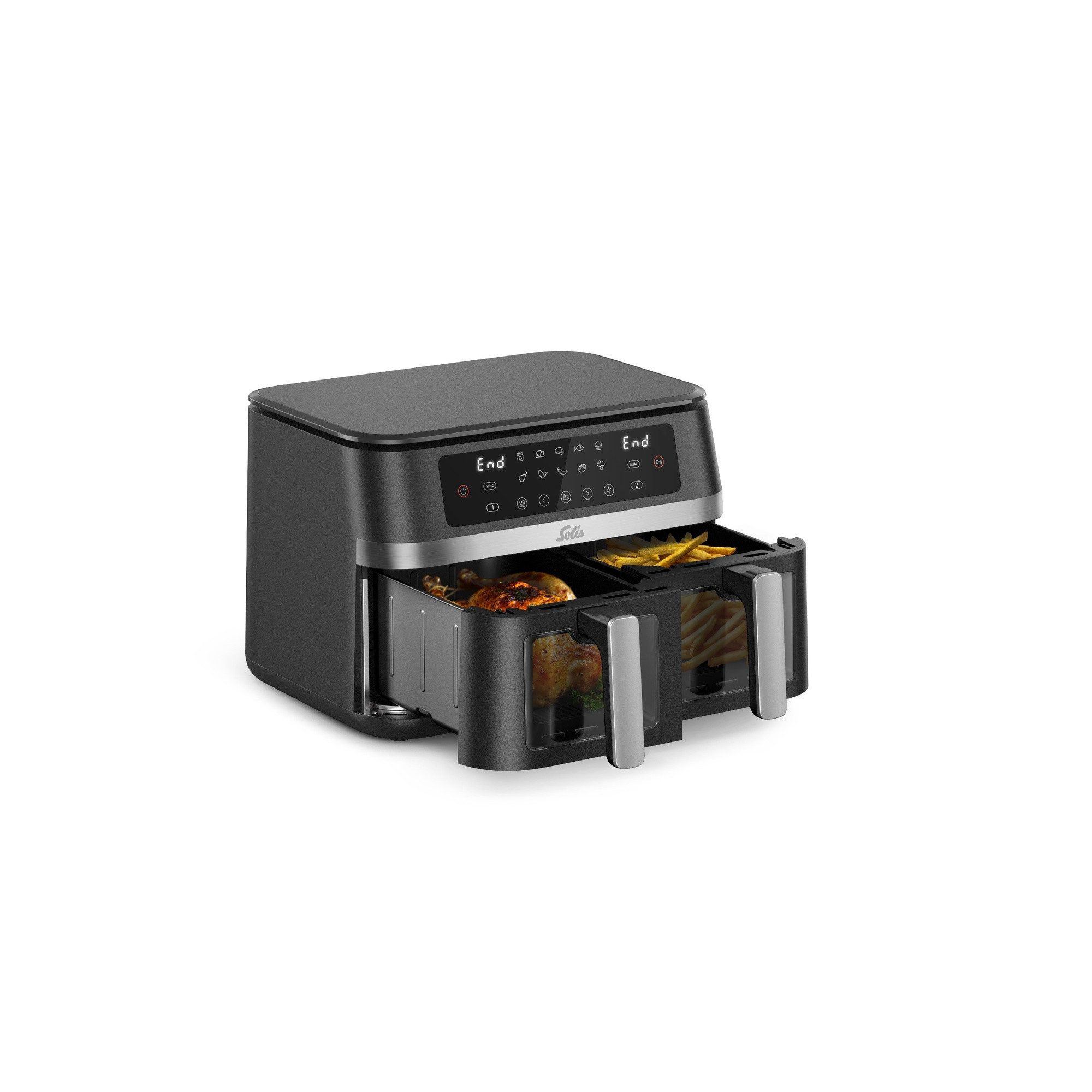 SOLIS OF SWITZERLAND Heißluftfritteuse 2 Kammern, Air Fryer Duo, 11 Liter Volumen, Sync-Funktion, 10 Programme, Sichtfenster