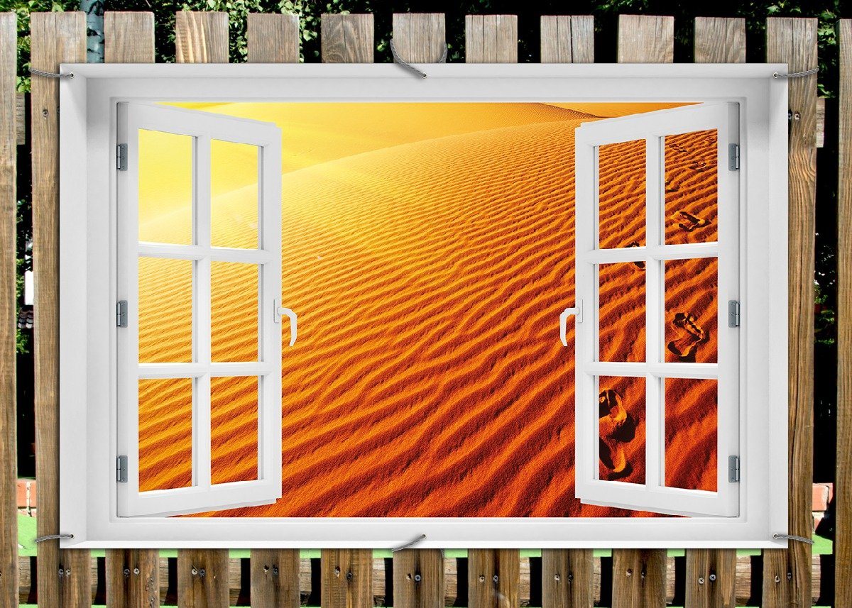 Thumbnail - Wallario Sichtschutzzaunmatten Fußspuren im Sand - Sanddüne in der Wüste, mit Fenster-Illusion