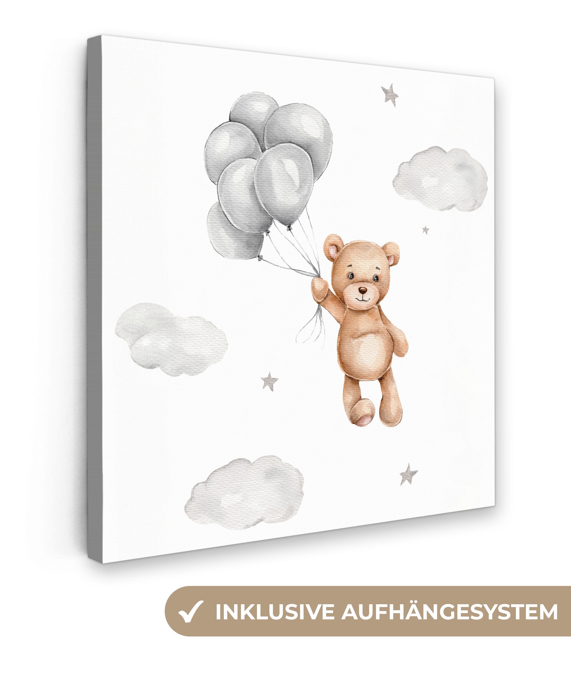 OneMillionCanvasses® Leinwandbild Bär - Luftballon - Sterne - Kinder, Fotodruck (1 St), Wandbild, Deko Schlafzimmer Wohnzimmer Flur 20x20 cm