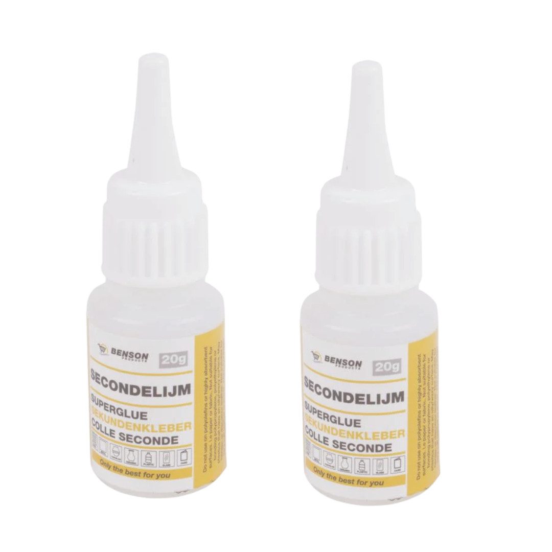 BENSON Sekundenkleber 2x 20g Sekundenkleber Superkleber Dünnflüssig Schnell Wasserfest Power, (2-tlg), Extra stark, dünnflüssig, wasserfest, schnelltrocknend
