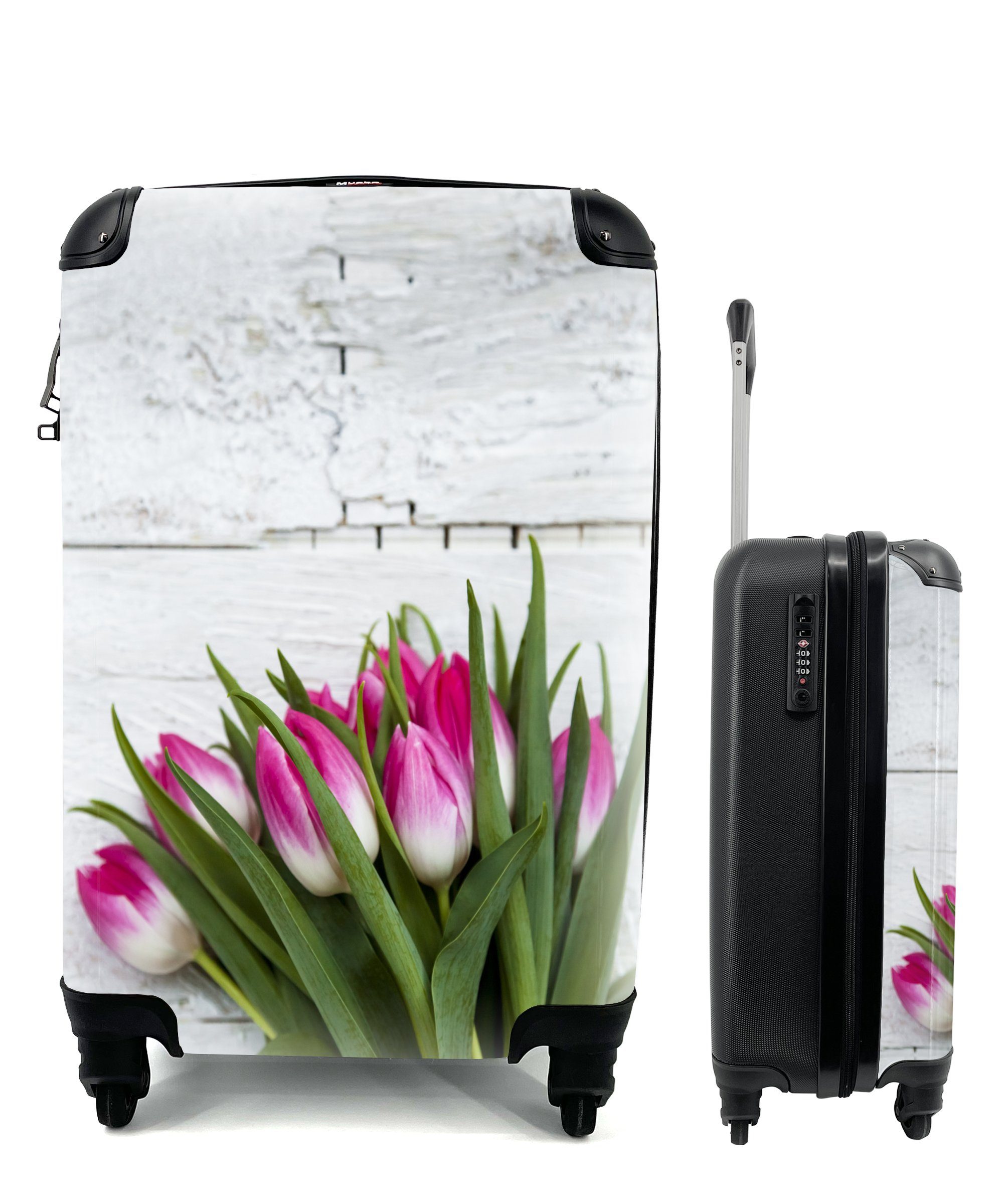 MuchoWow Handgepäckkoffer Blumenstrauß aus rosa Tulpen auf weißem Hintergrund, 4 Rollen, Reisetasche mit rollen, Handgepäck für Ferien, Trolley, Reisekoffer