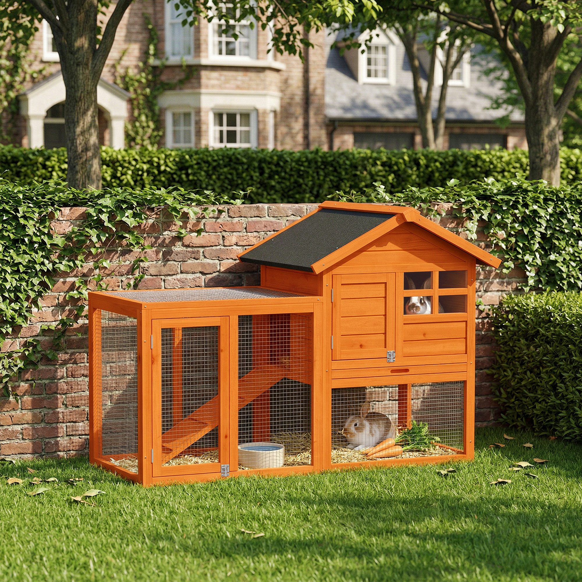 PawHut Kleintierstall 2 Etagen Kaninchenstall mit wasserdichtem Bitumendach, Freilaufgehege, aus Holz für Kaninchen Hühner Enten Outdoor 123,5x62,6x92,5 cm Orange