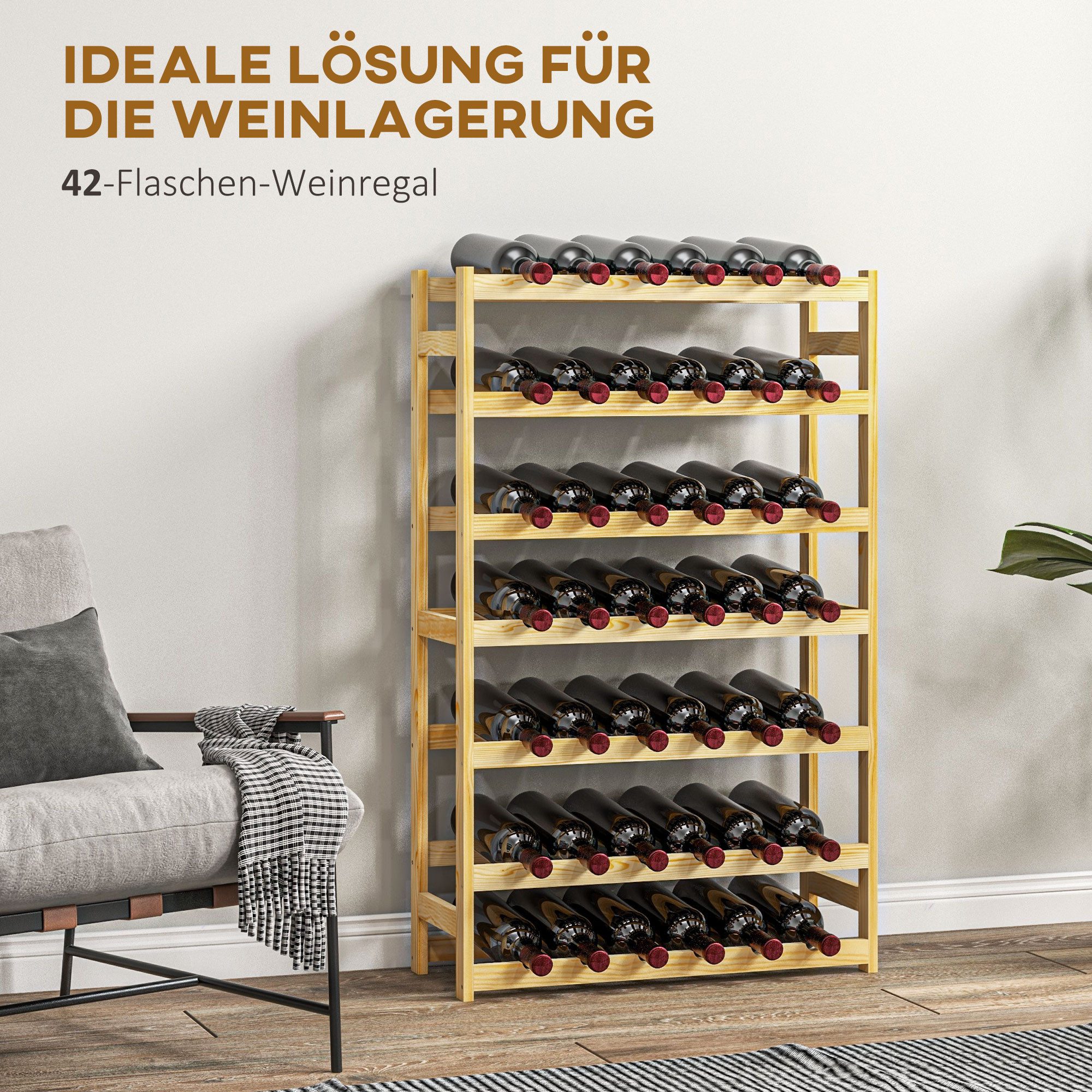 furnicato Weinregal 7 Etagen für 42 Flaschen 63x25x102cm Natur, 1-tlg.