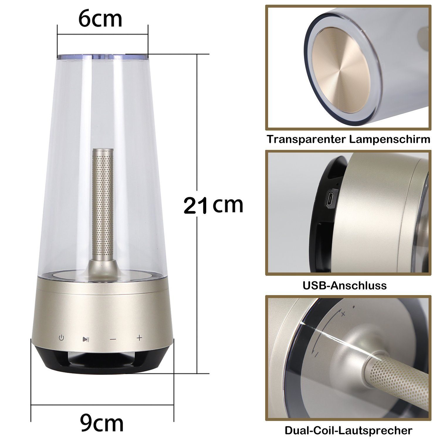ZMH Dimmbar Lautsprecher Nachttischlampe Kerzen- Akku Bluetooth integriert, USB LED fest 2200K Stimmungslicht,