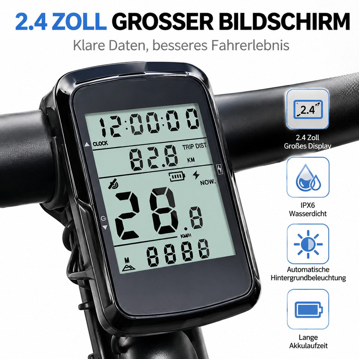 Toomoke Fahrradcomputer Fahrradcomputer 2,4 Zoll, kabelloser Fahrradtacho (Geschwindigkeits, Distanzanzeige, Hintergrundbeleuchtung), mit 1200mAh und LCD,USB-C Ladeanschluss