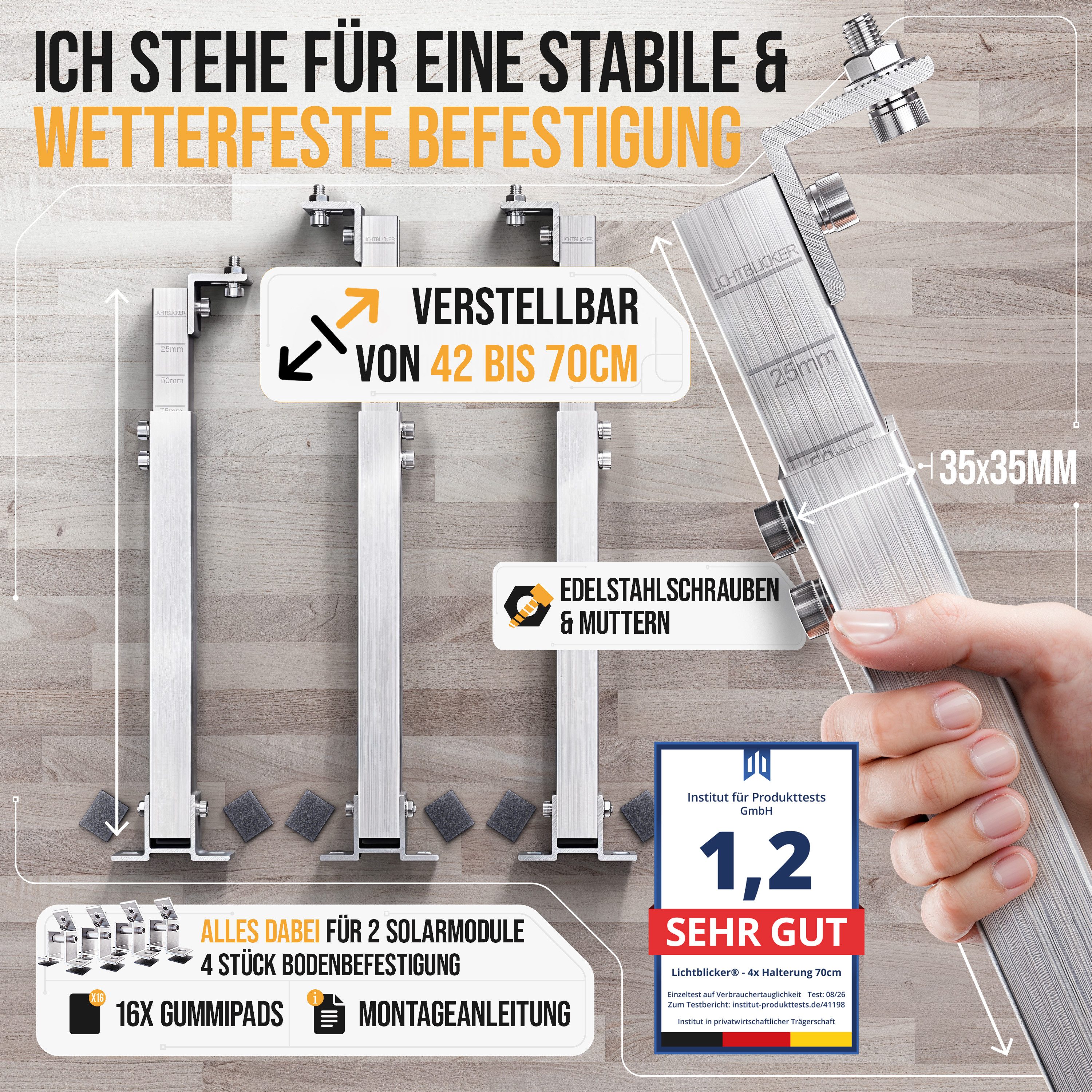 Lichtblicker Solarmodul-Halterung Balkonkraftwerk Halterung für 2x Solarmodule. Wand, Balkon, Flachdach, (verstellbar von 42 bis 70 cm, geeignet für Balkon, Wan – Bild 2 von 5