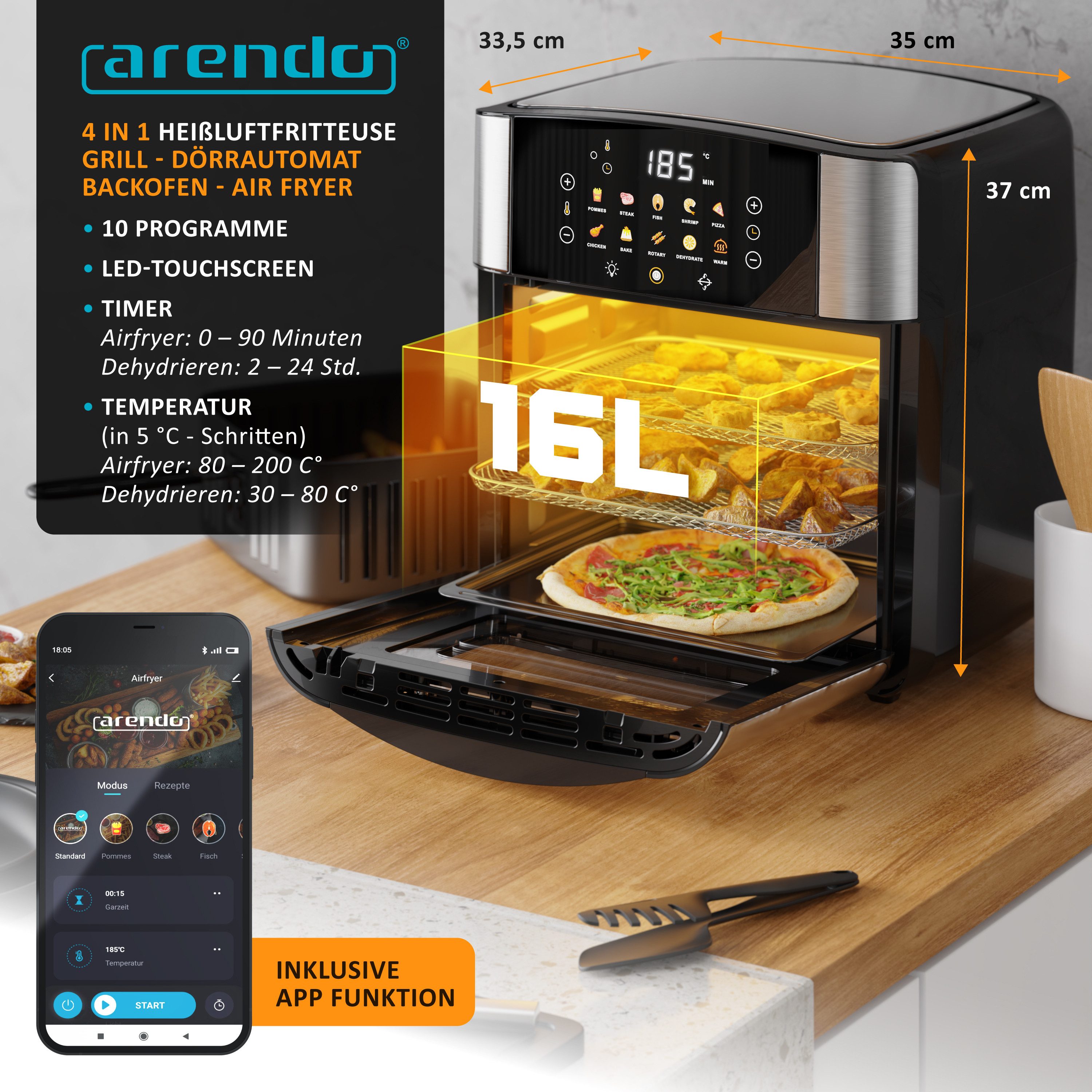 Arendo Heißluftfritteuse WLAN Multifunktionsofen 16L, Backofen, Grill, Dörrautomat, Air Fryer, 1800 W, XXL WiFi Umluft Fritteuse ohne Öl + Zubehör für Pizza Hähnchen Pommes