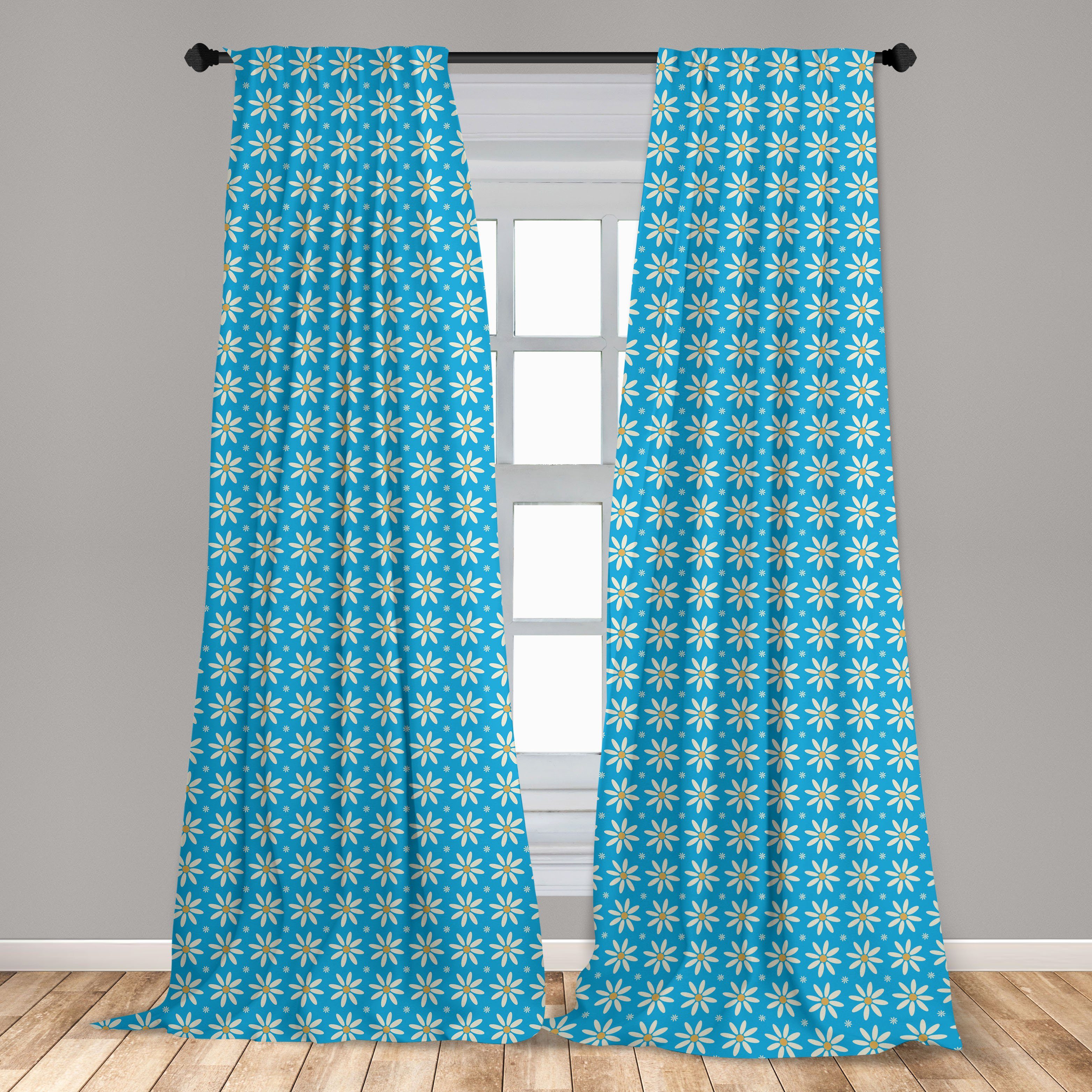 Dekor, Blau Vorhang Schlafzimmer Microfaser, für Blühende Frühling Abakuhaus, auf Wohnzimmer Gardine Gänseblümchen