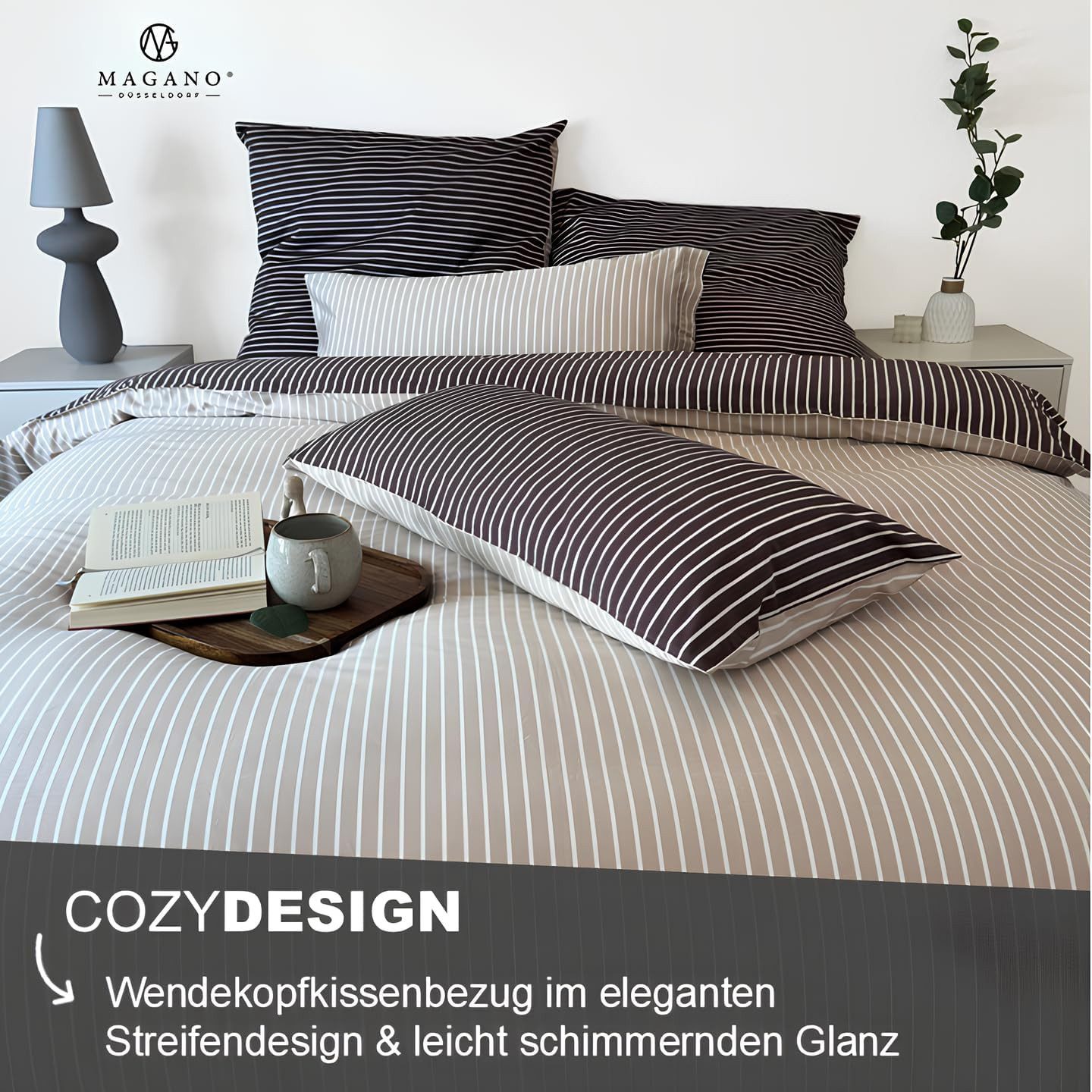 MAGANO Wendebettwäsche, Bambus & Baumwolle Satin, Luxus Bettwäsche Streifen, 400 TC Luxusqualität, Hypoallergen, Thermoregulierend