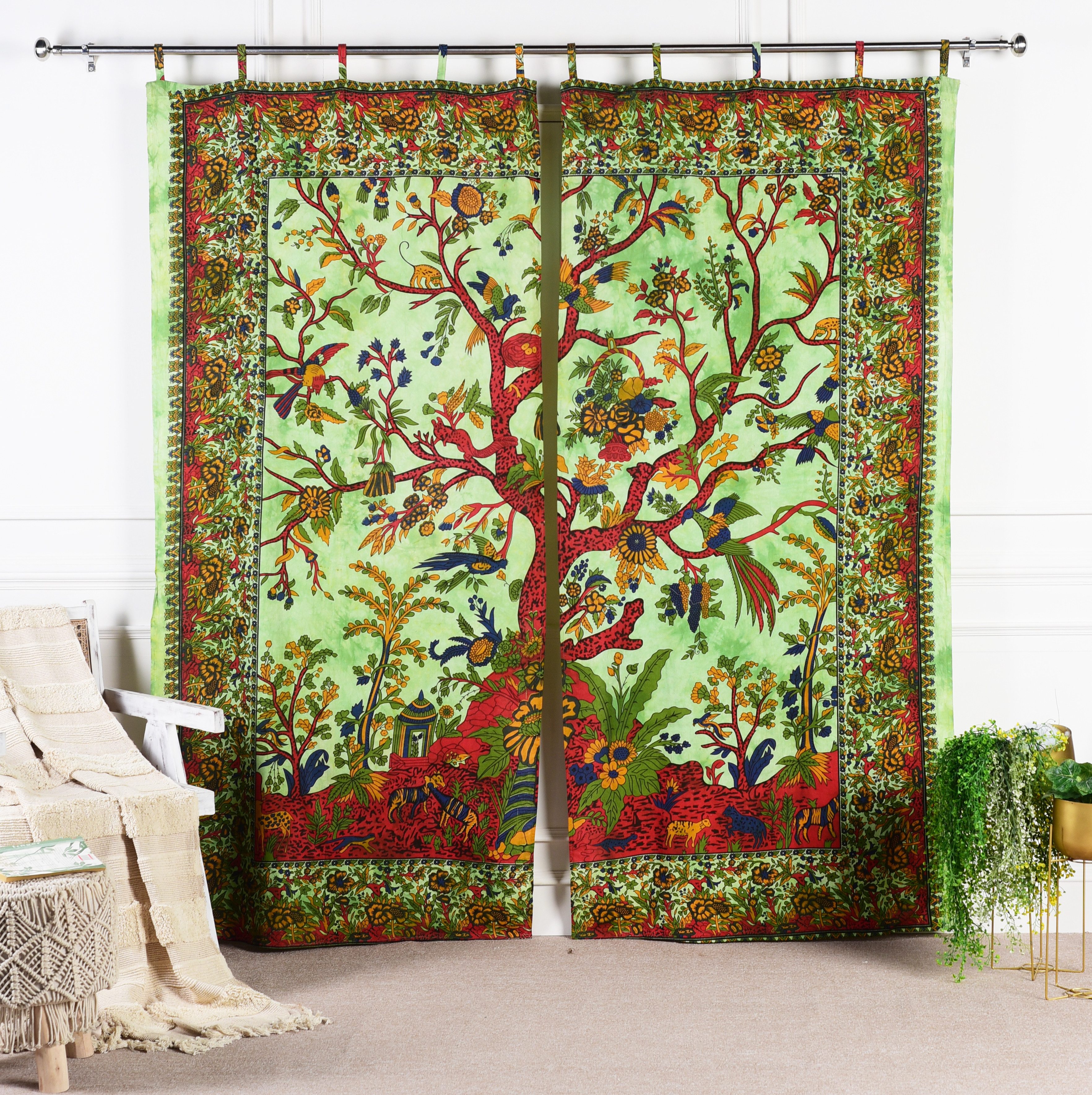 Karmandala Vorhang Boho Vorhänge Grün 2er-Set Baumwolle Schlaufen 210x230 cm Lebensbaum, Traditioneller Siebdruck