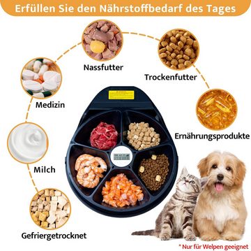 SAROSORA Katzen-Futterautomat Nassfutter mit Kühlung, 5 Futter-Fächer für je 330 g Tierfutter, für Katzen + Hunde