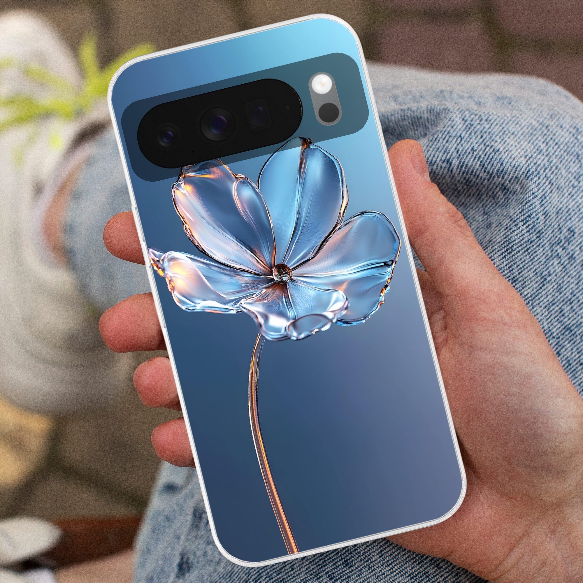 MuchoWow Handyhülle für Google Pixel 10 Blau - Blume - Gläser - Verziert, Phone Case, Silikon, Schutzhülle Dünn