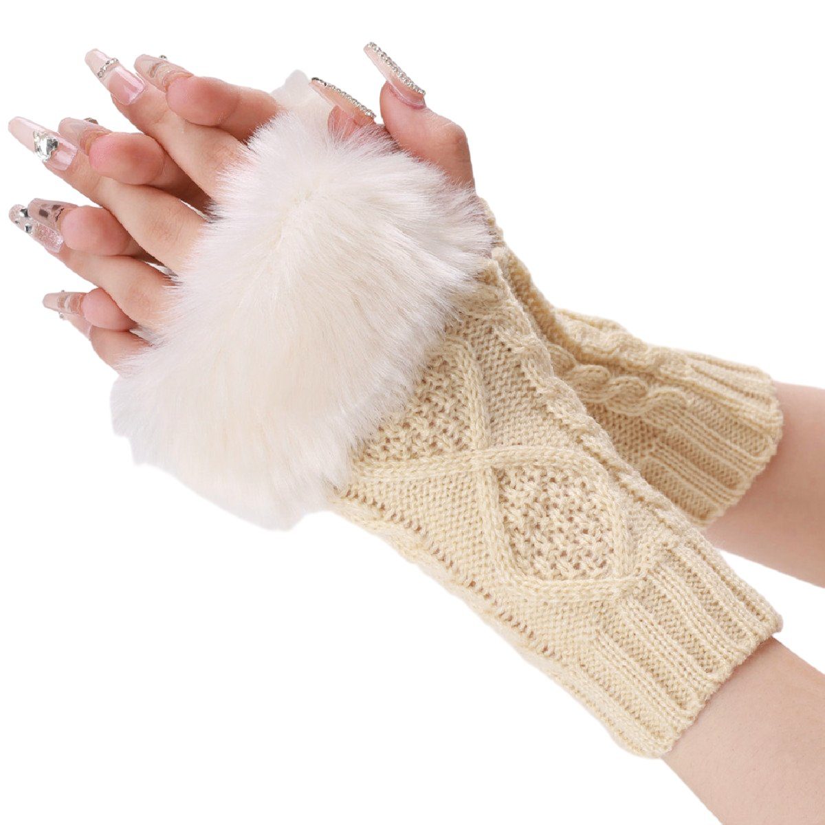 Jormftte Strickhandschuhe Damen Fingerlose Handschuhe,Winter Armstulpen Fingerlos Für frauen Beige