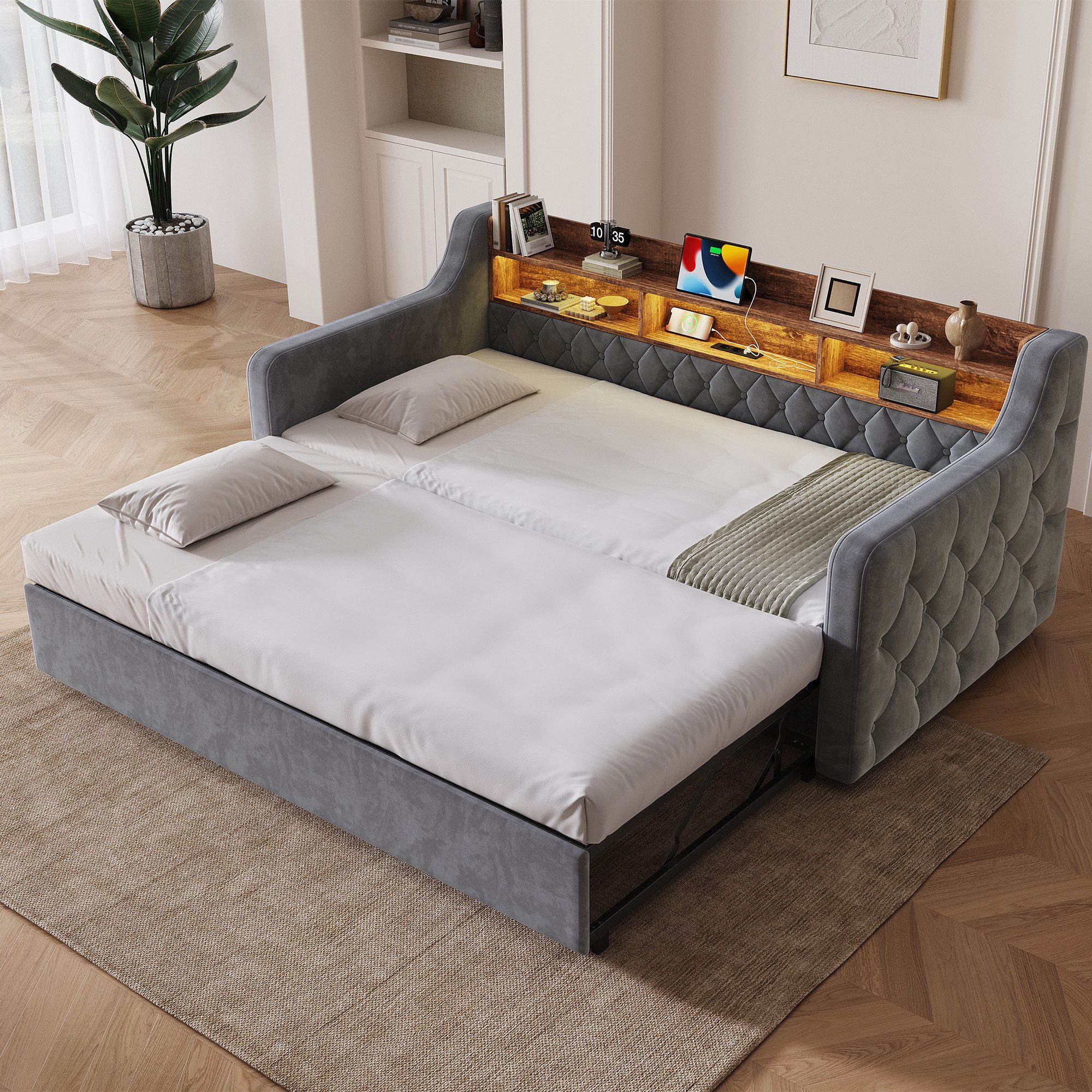 i@home Daybett Tagesbett Schlafsofa Ausziehbar (Gästebett mit Stauraum-Kopfteil, Armlehnen beidseitig, 1 tlg), Lattenrost inkl. Sofabett 90×190 cm