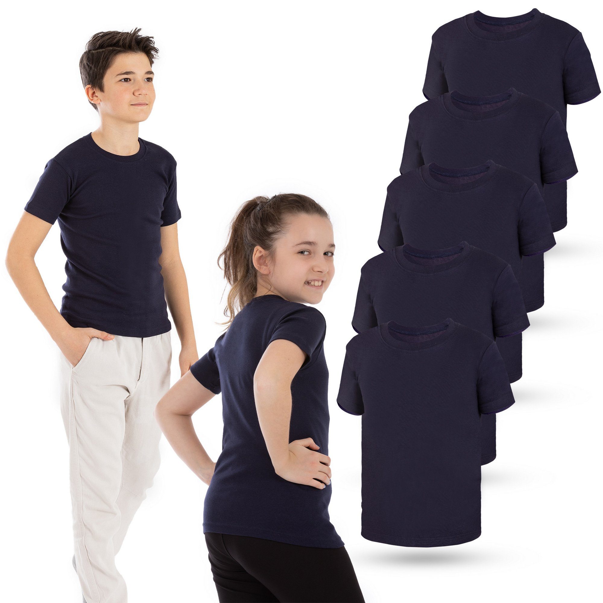 5-St) Baumwolle Jungen - Unterhemd LOREZA 5 Dunkelblau T-Shirt 100% Shirt Mädchen Kurzarm & Unterhemd (Spar-Packung,