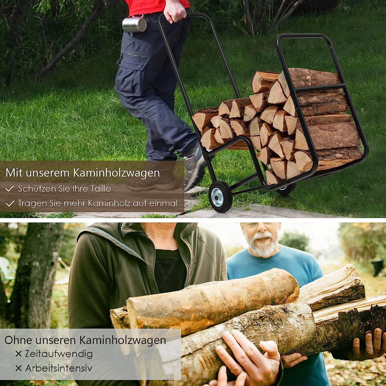 KOMFOTTEU Kaminholzregal mit Brennholzwagen, langlebigen Gummirädern
