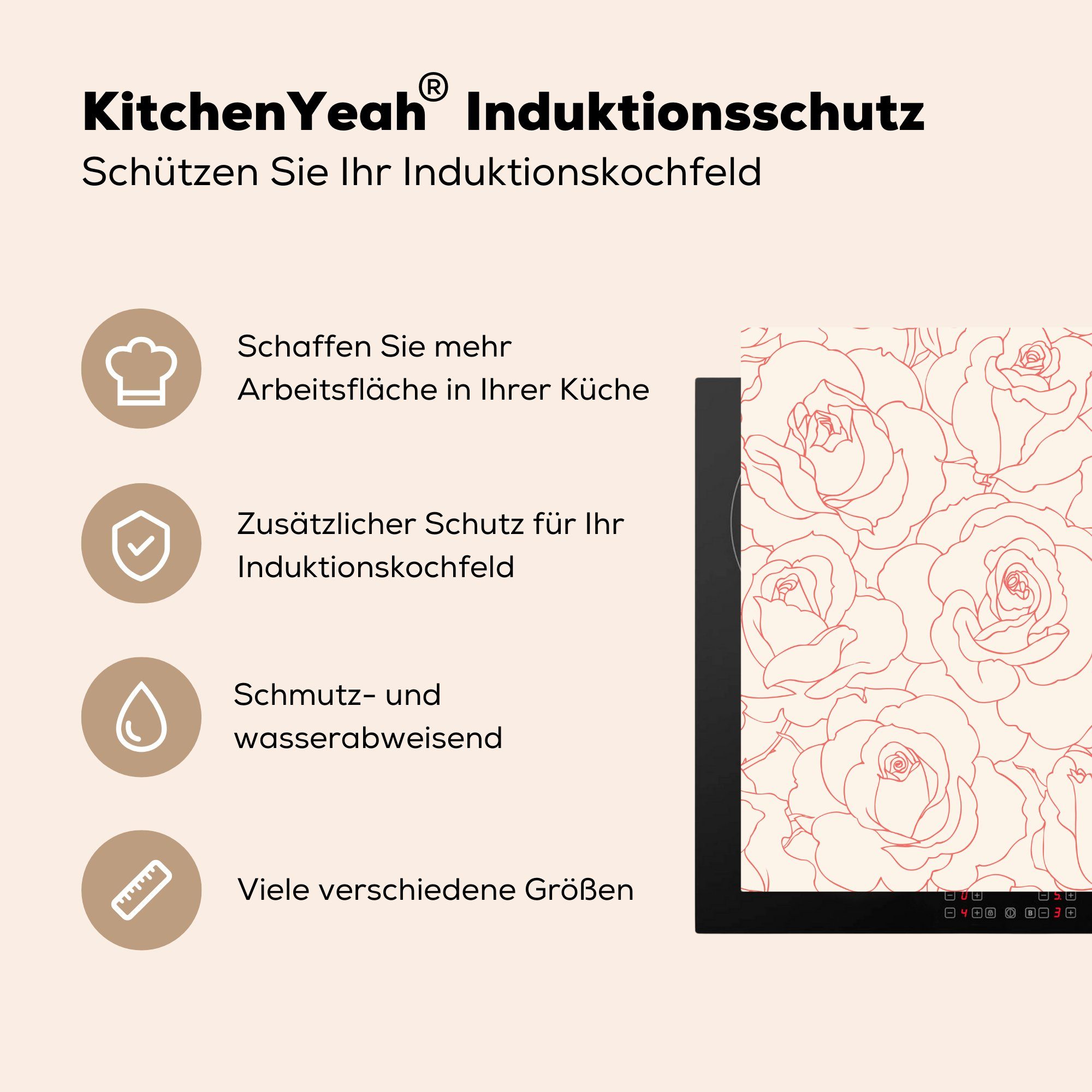 (1 cm, küche tlg), Arbeitsplatte rosa 78x78 für Vinyl, Ein Rosen, Illustration Blumenmuster MuchoWow von Herdblende-/Abdeckplatte Ceranfeldabdeckung,