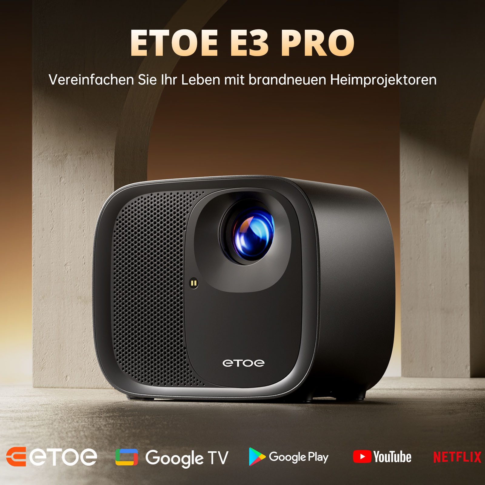 ETOE E3 Pro Projektor 4K-Dekodierung Google TV& Netflix Beamer (3000:1, 1920*1080 px, 600 ANSI, Native 1080P, Android TV, Autofokus und Trapezkorrektur)