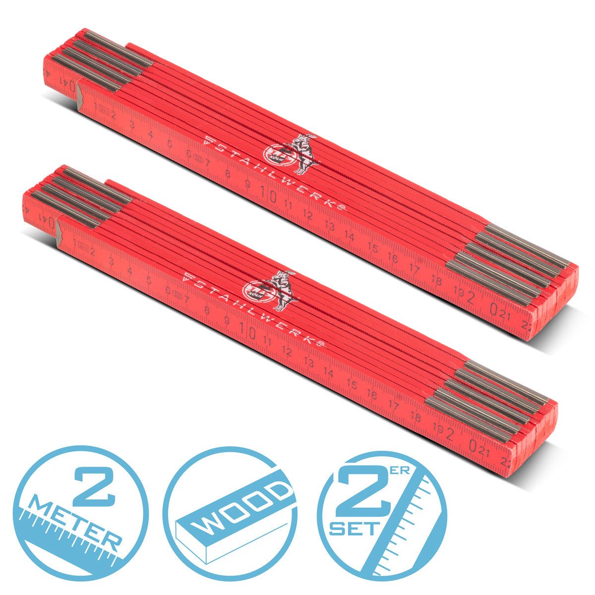 STAHLWERK Zollstock 1. FC Köln Edition 2er Set 2 m Meterstab Gliedermaßstab, aus hochwertigem Holz gefertigt