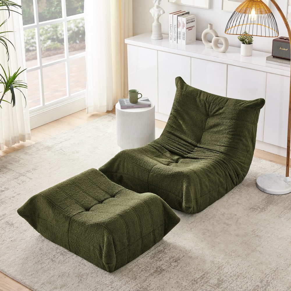 BBWL Sofa mit Rückenlehne & Fußhocker, Relaxsessel aus Schaumstoff, Lazy Sofa Teddyfell Bodensessel für Wohnzimmer