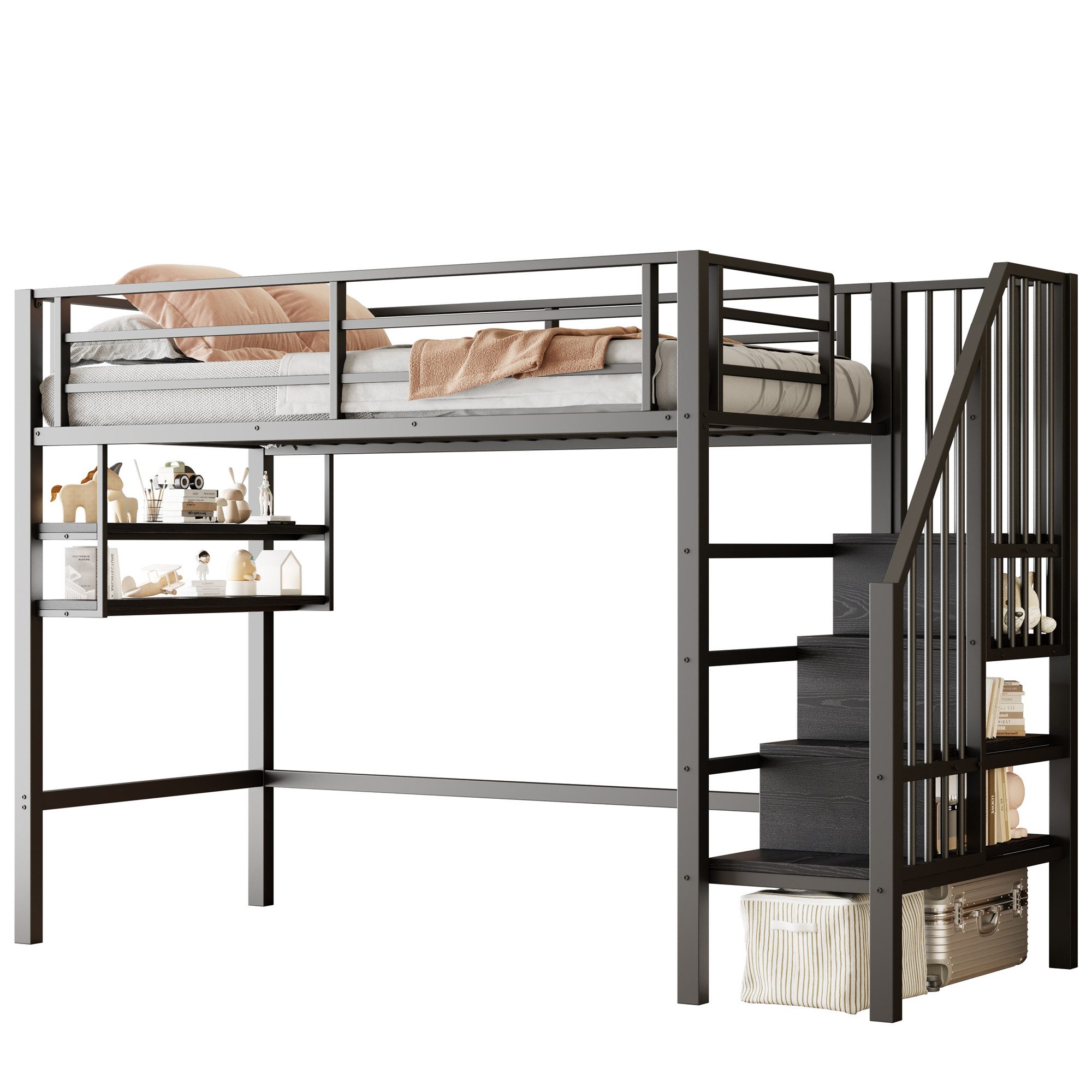 OKWISH Hochbett Funktionsbett,Einzelbett,Jugendbett,Kinderbett,Stauraumbett (Hochbett 90x200cm mit Stauraumleiter & Einlegeböden – Robuster Eisenrahmen, Kinderfreundliches Geländer, Freiraum zum Verkleiden) ohne Matratze
