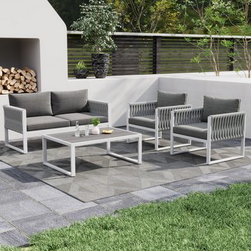 REDOM Gartenlounge-Set Gartenmöbel Set Seil Rope Lounge Balkonset Sitzgruppe, (1 Couchtisch, 2 Sessel, 1 2-Sitzer), für 4 Personen mit Kissen und Eisenrahmen