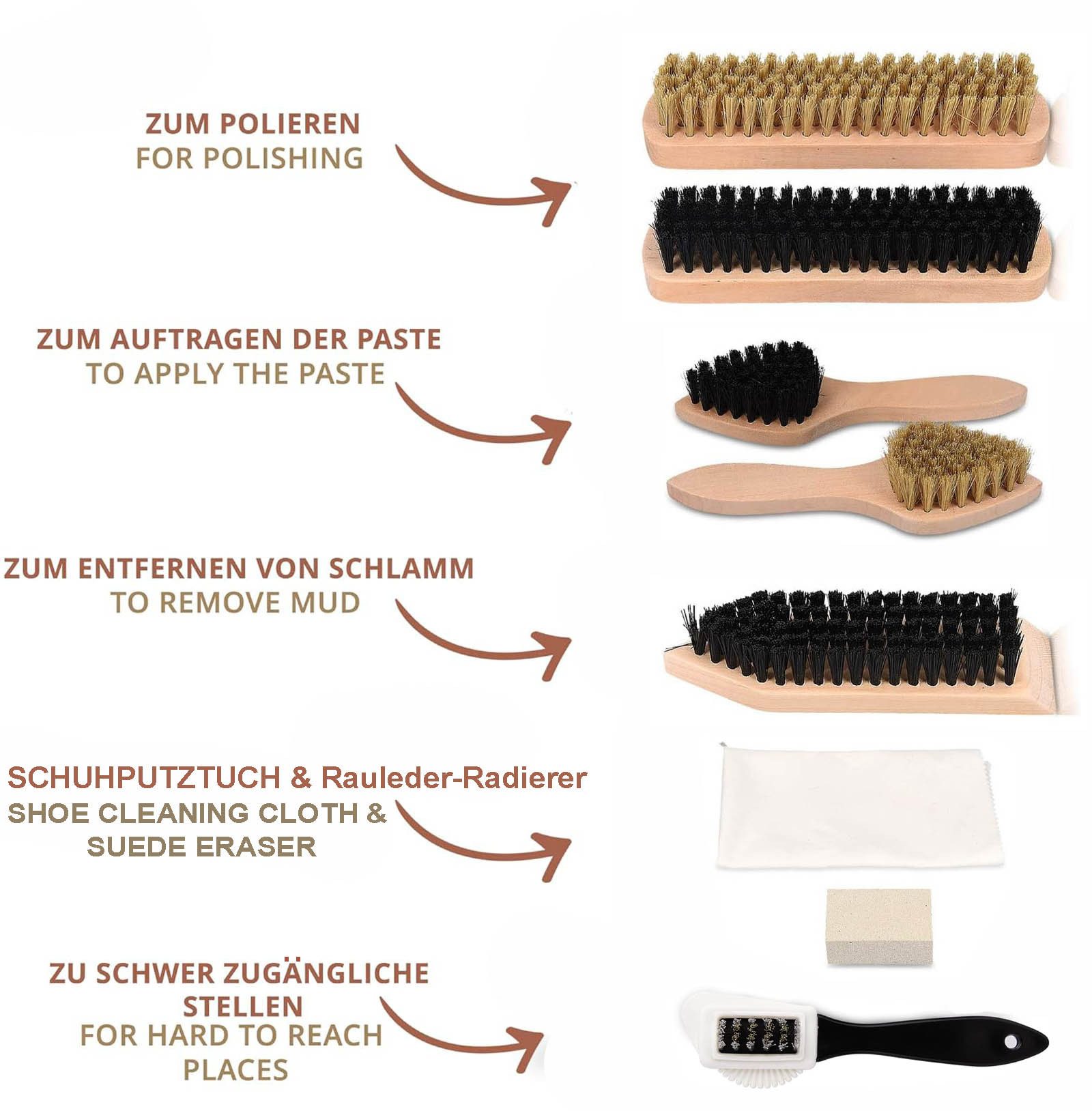 HAC24 Schuhputzbürste Schuhpflegeset Schuhputzset Schuhpflege Set, (8-tlg), 6X Bürste 1x Schmutzradierer 1x Poliertuch – Bild 5 von 5