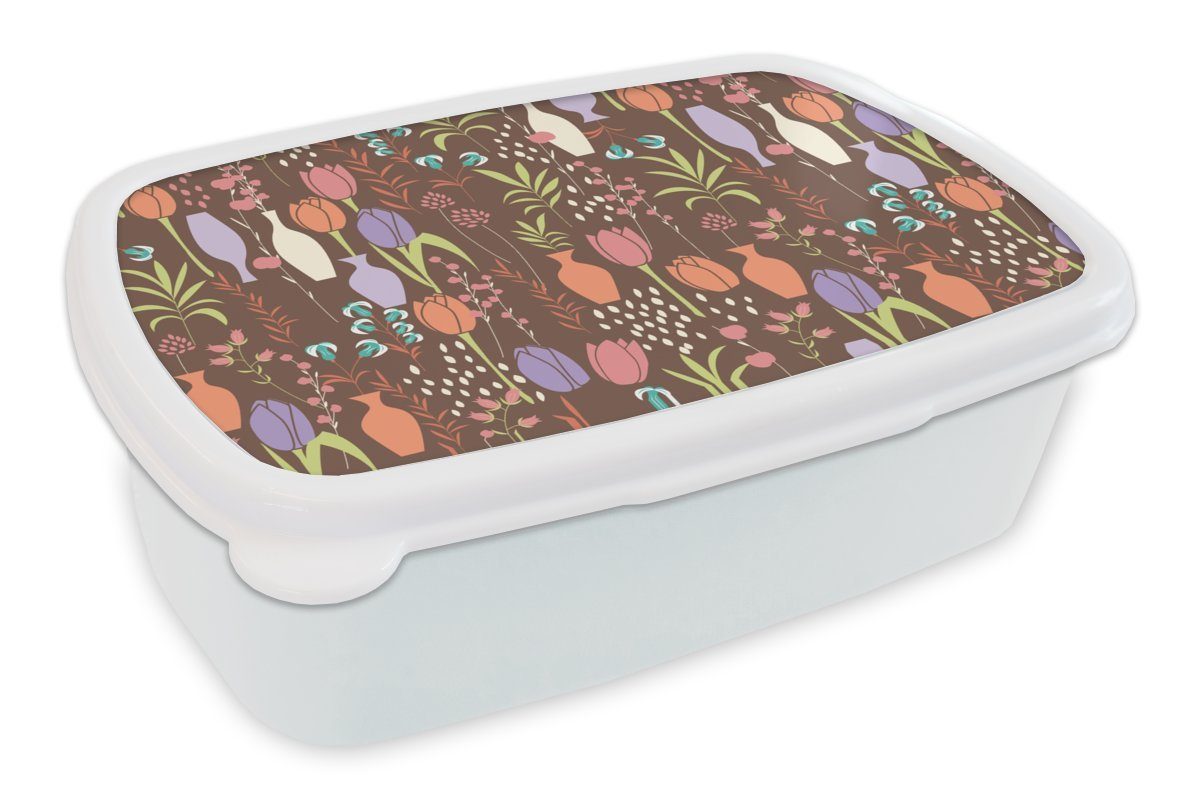 MuchoWow Lunchbox Blumen - Vase - Muster, Kunststoff, (2-tlg), Brotbox für Kinder und Erwachsene, Brotdose, für Jungs und Mädchen weiß