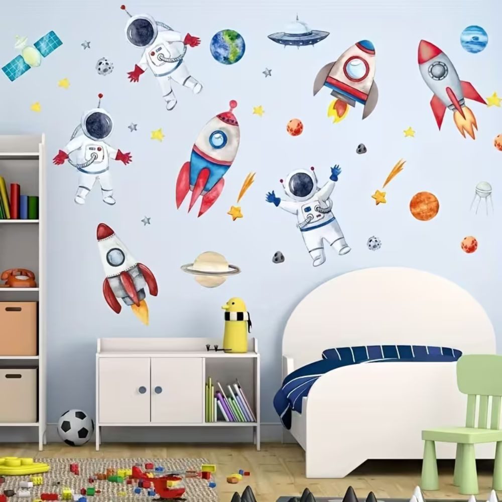 Montegoni Wandsticker Astronaut Wandsticker Kinderzimmer Weltall Deko Set, Raketen Planeten (Mehrteiliges Wandtattoo Set, 1 Set Wandsticker Kinder), Selbstklebend, farbstabil, rückstandslos, individuell platzierbar