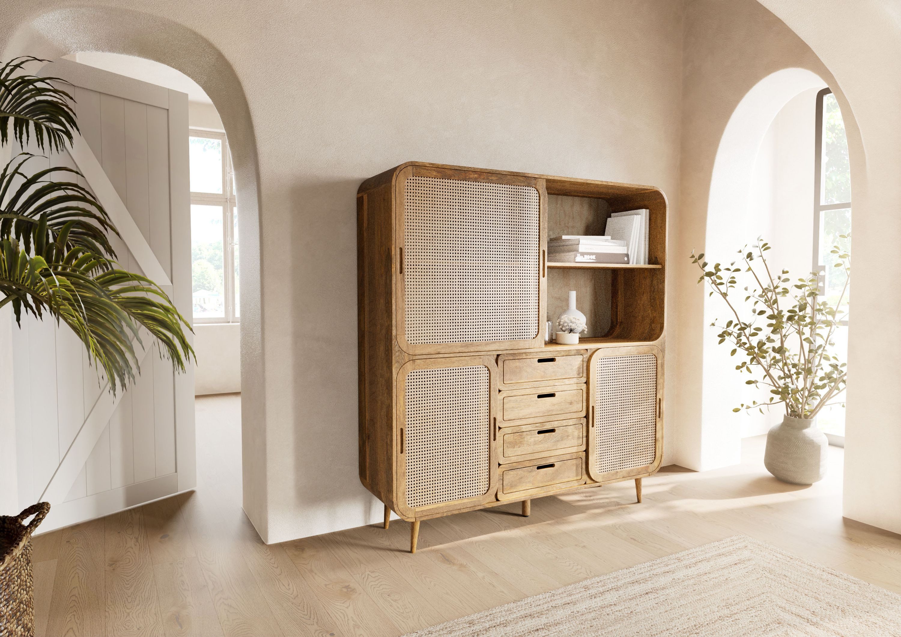 Massivmoebel24 Highboard VALENCIA (Massivholz), Mango 150x40x160 natur lackiert VALENCIA #111