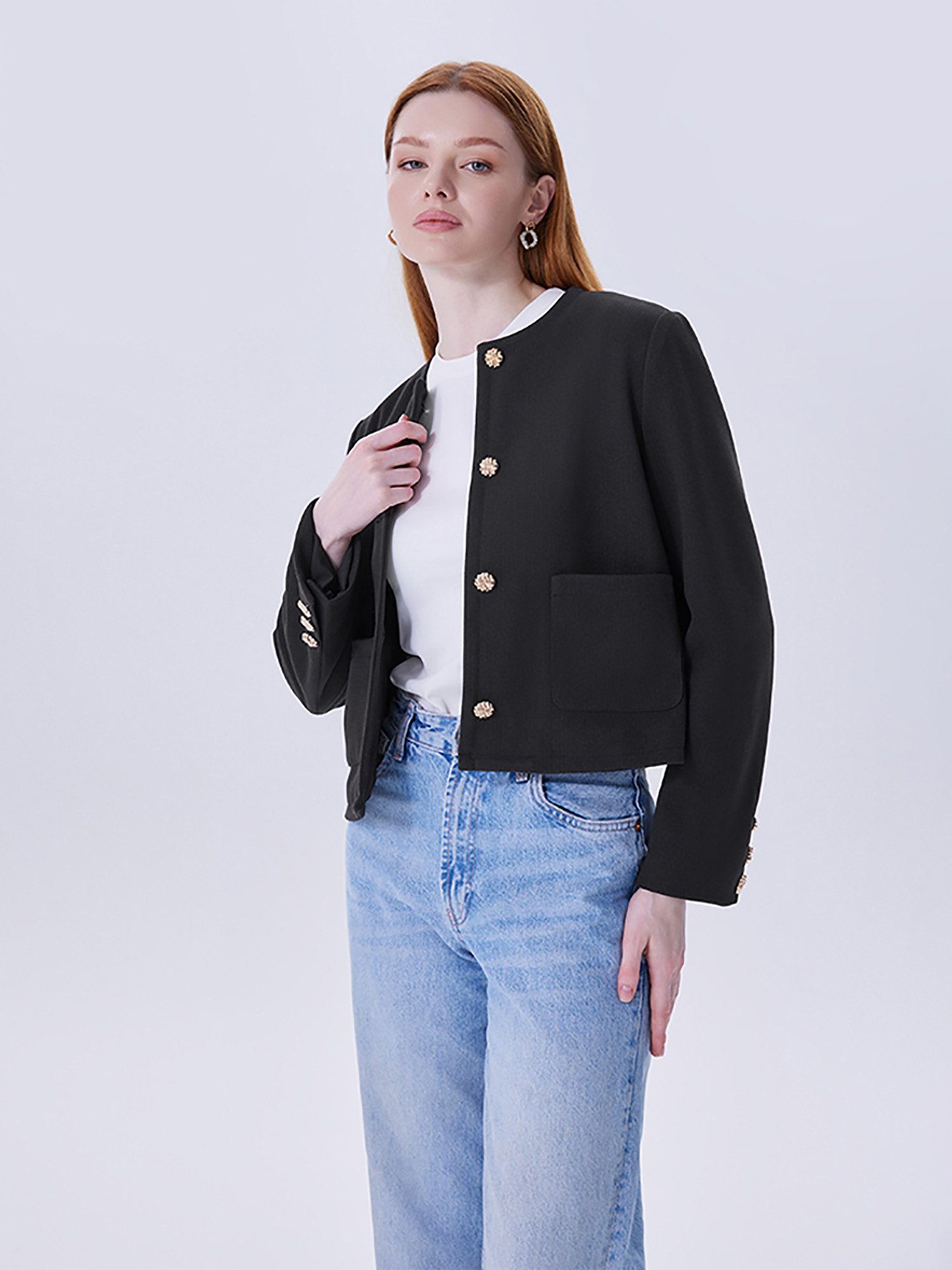Jackenblazer Kurzer Damenblazer, schwarze Tweedjacke mit Rundhals, Blusenblazer