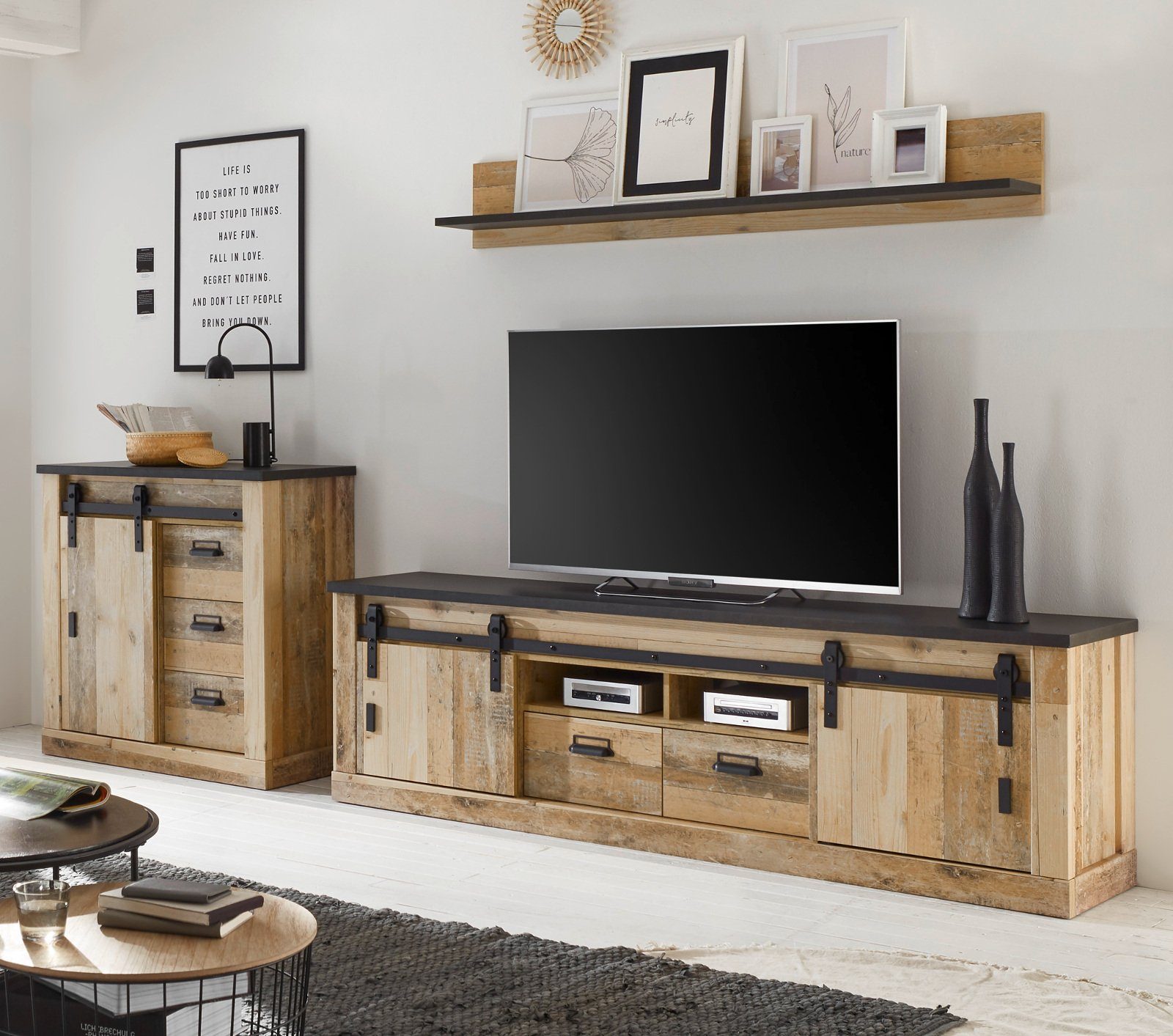 Furn.Design Wohnwand Stove, (Wohnzimmer-Set in Used Wood Shabby, 3-teilig, ca. 310 x 190 cm), mit Schiebetüren und Soft-Close-Schubladen