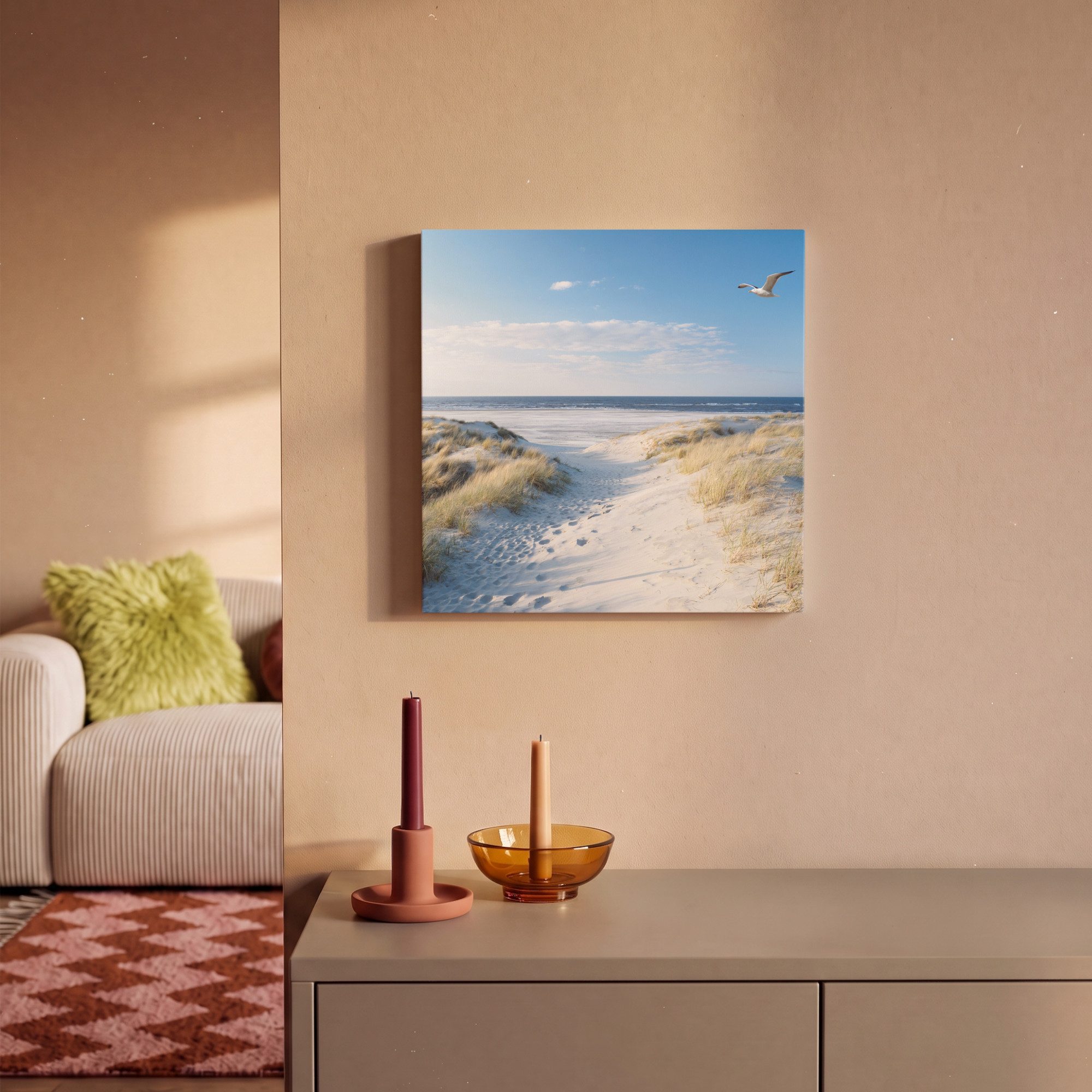 OneMillionCanvasses® Leinwandbild Düne - Möwe - Strand - Meer - Sonne, Fotodruck (1 St), Wandbild, Deko Schlafzimmer Wohnzimmer Flur 20x20 cm – Bild 2 von 5