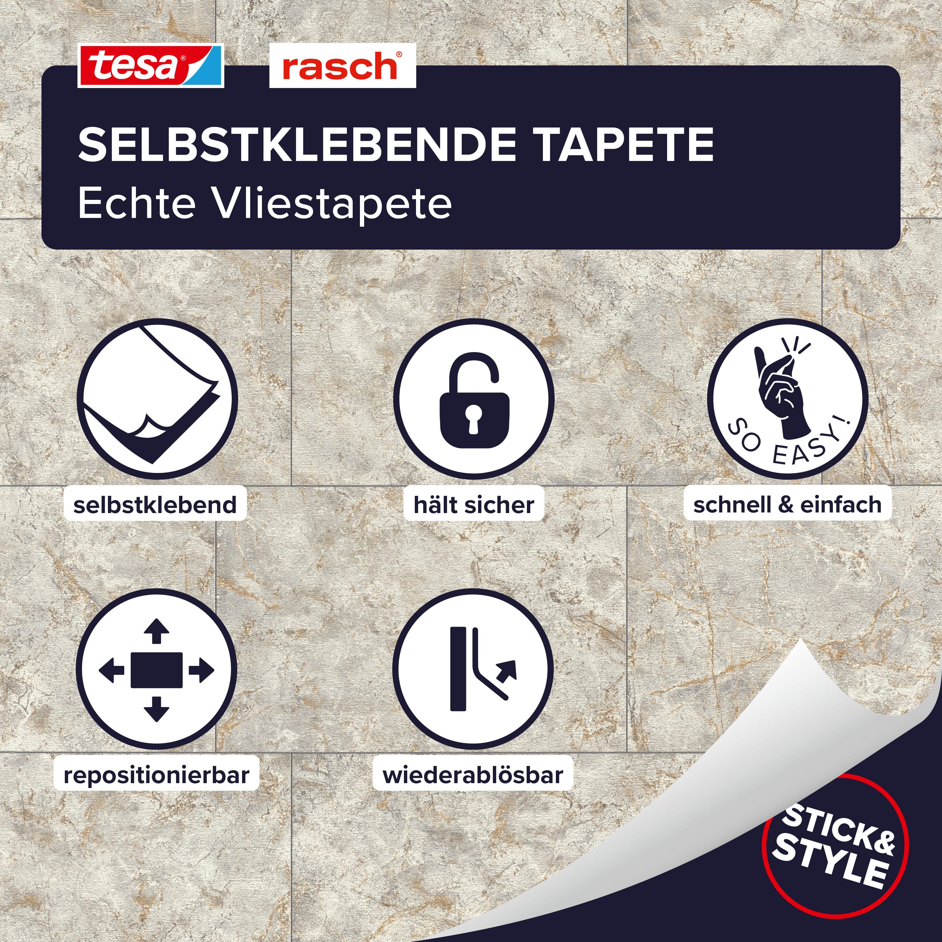 Rasch Vliestapete Luxora - Selbstklebende Tapete Stein Fliesen von tesa® x rasch®, strukturiert, Steinoptik, Fliesenoptik, (1 St), selbstklebend, 6,00m x 0,53m
