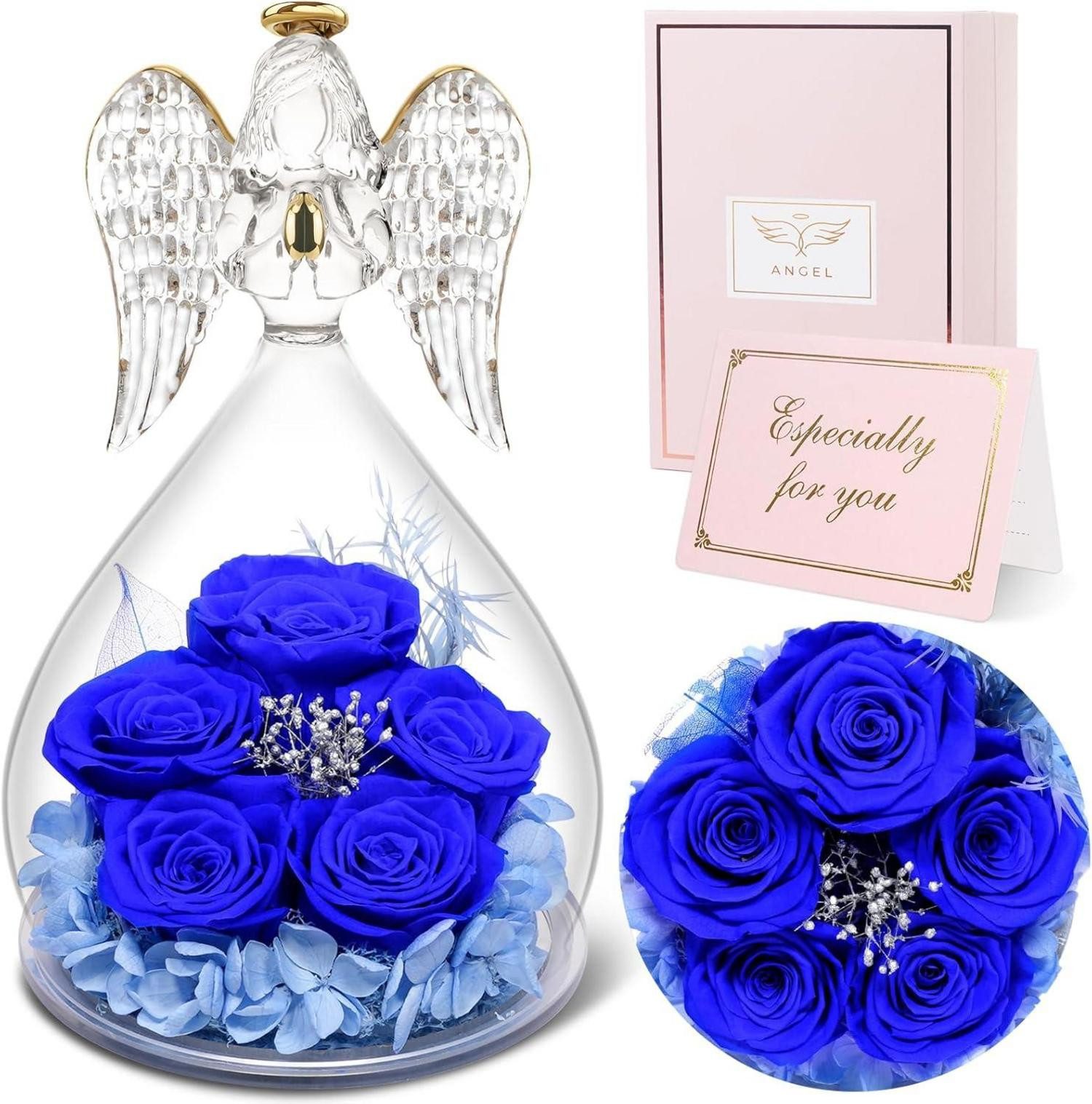 Schmuckset Ewige Rose Engel Glas Geschenkbox 5 handgemachte Rosen Blau