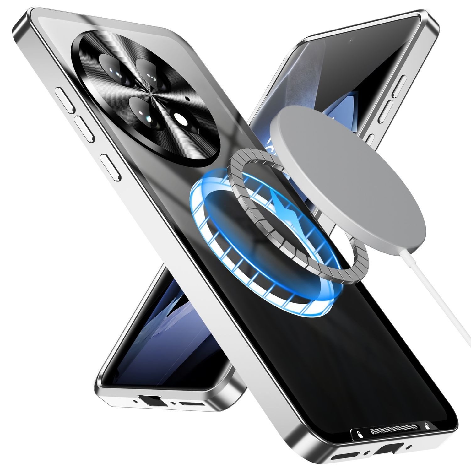 Wigento Handyhülle Für OnePlus 13 Magnetische Magsafe Metall Design Schutz Hülle Silber, MagSafe Metall Handyhülle mit erhöhter Schutzkante