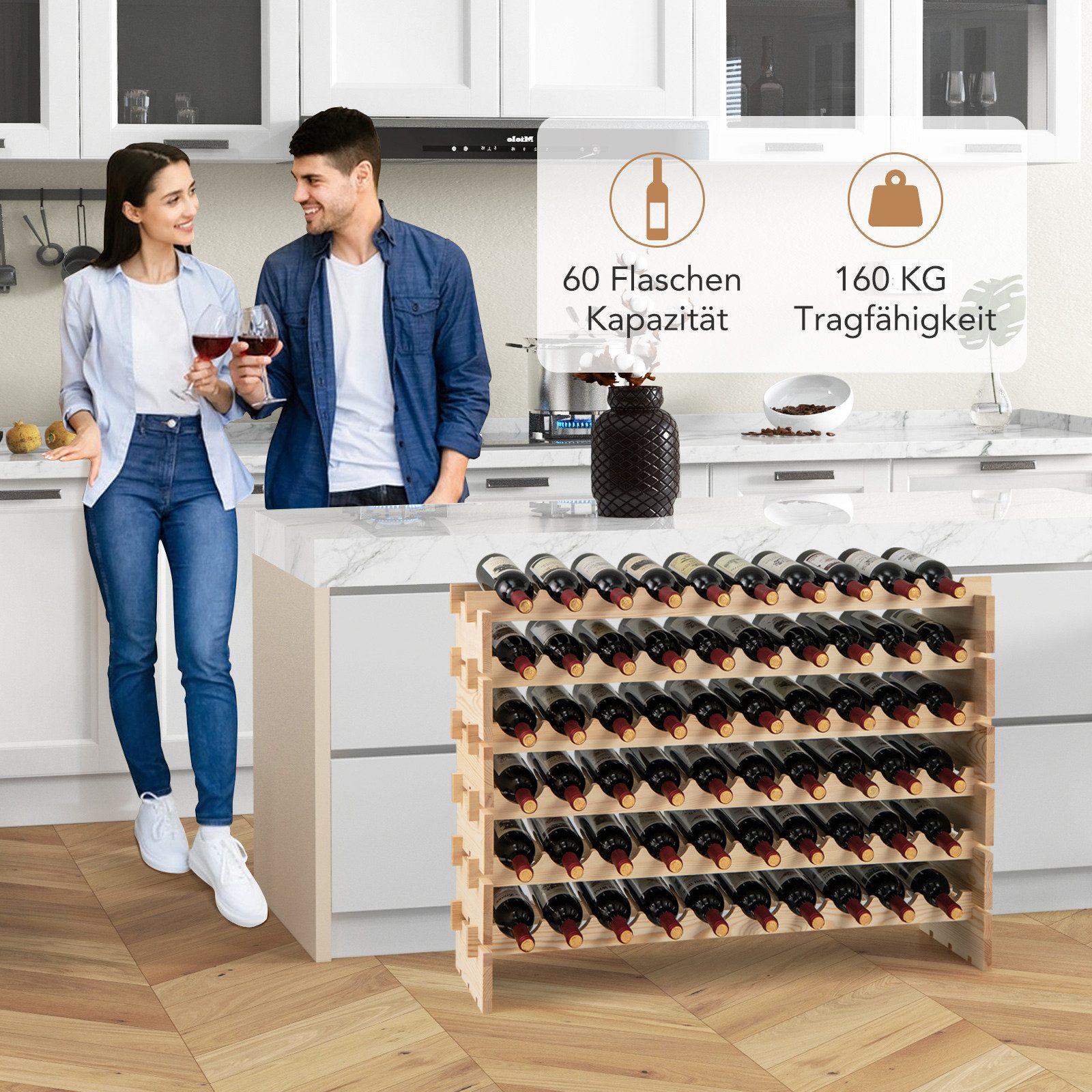 COSTWAY Weinregal, Holz stapelbar, Flaschenregal für 60 Flaschen, 6 Ebenen günstig online kaufen