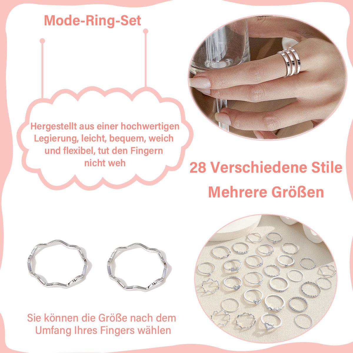 MOPUEA Fingerring Ring-Set Schmuckset,Herzdesign,28 Teile Set Modering-Set (Set, 28-tlg., flexibel für jeden Look und Anlass), Frei kombinierbar & individueller Style