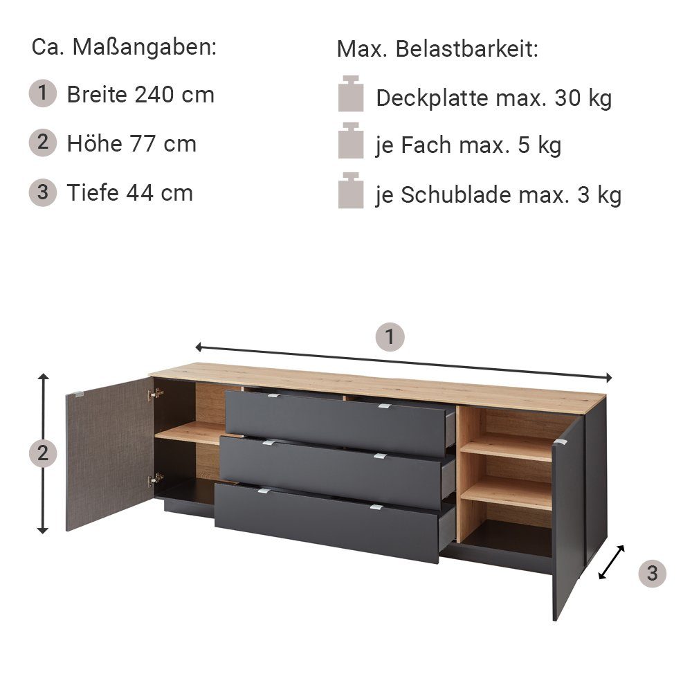 cm 240 2 Wandboards schwarz Eiche Wohnwand 3-tlg), mit Lomadox Set mit CUST-36, Fernsehschrank (3-St.,