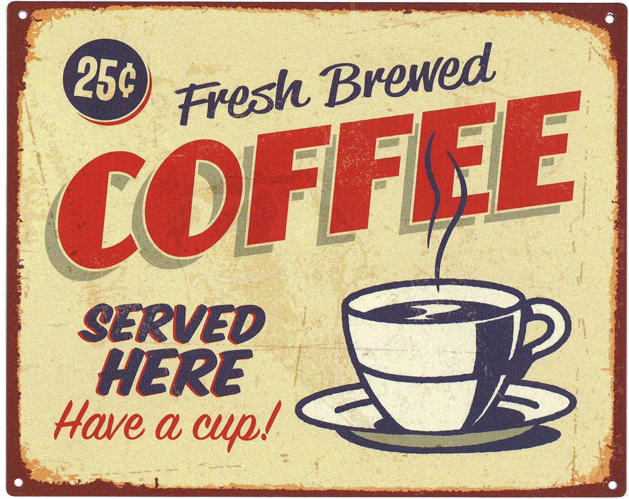 Moritz Metallschild Blechschild Fresh Brewed Coffee Served here, (Einzeln), 20 x 25cm Vintage Retro Deko Schild Metallschild Wandbild Schild