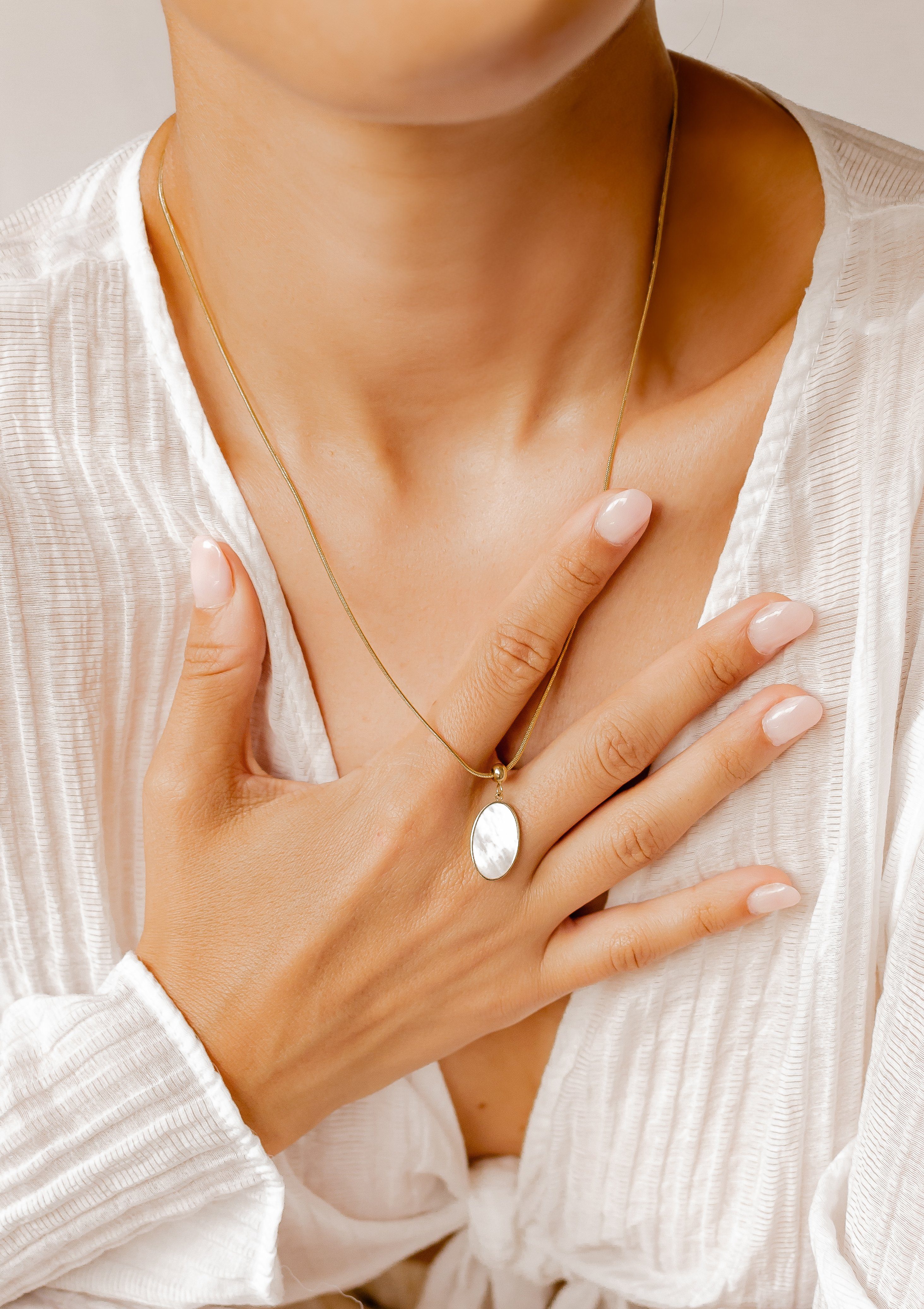 Hey Happiness Lange Kette Edelstahl Damen, Perlmutt Platte oval hängend, 18 günstig online kaufen