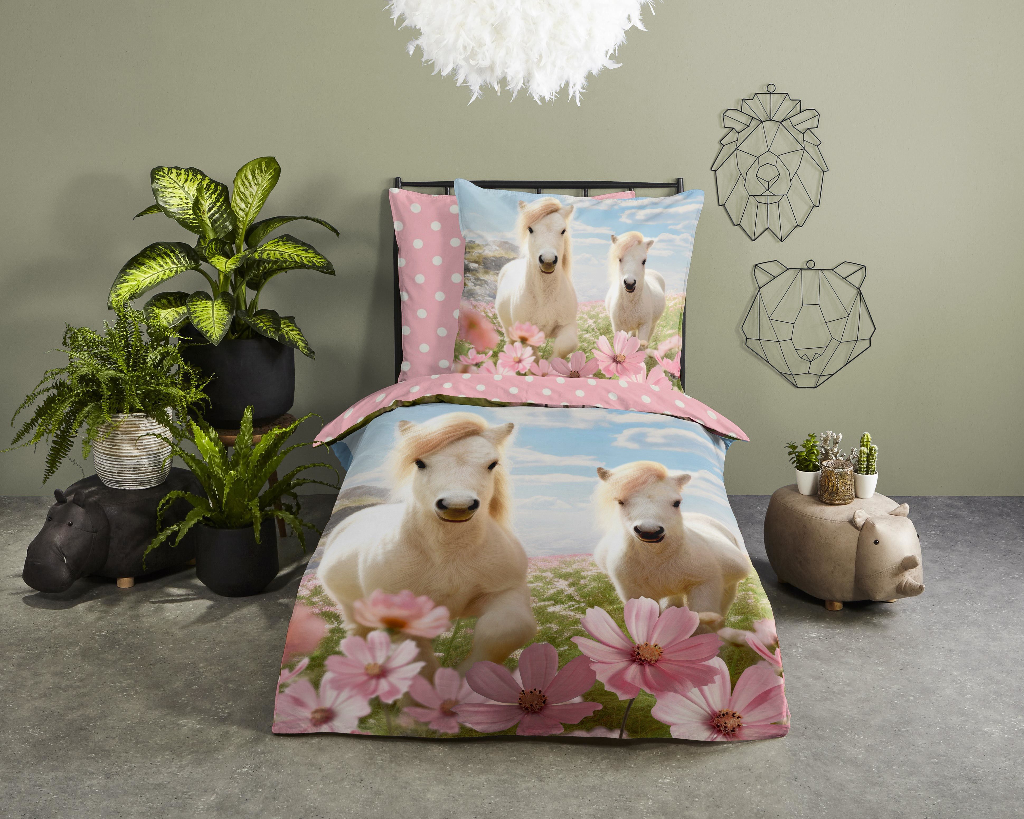 good morning Kinderbettwäsche Philou, Renforcé, 2 teilig, 100% Baumwolle, 135x200, Wendeoptik, Mädchen, Pferd, Pferde, Blumen – Bild 2 von 3