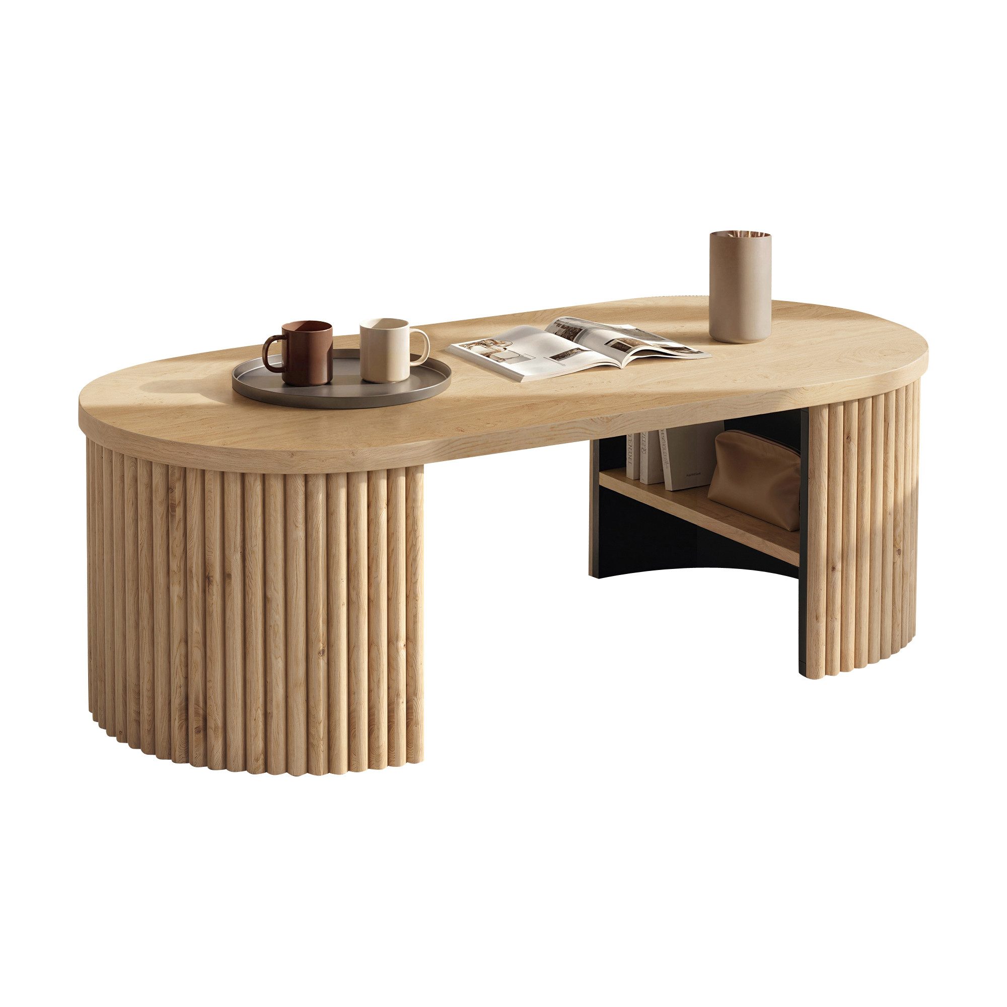Merax Couchtisch Ovaler Sofatisch Beistelltisch im Rillen-Design skandinavisch (1-St), Wohnzimmertisch mit Ablagefach & Stauraum, 100x50x35cm