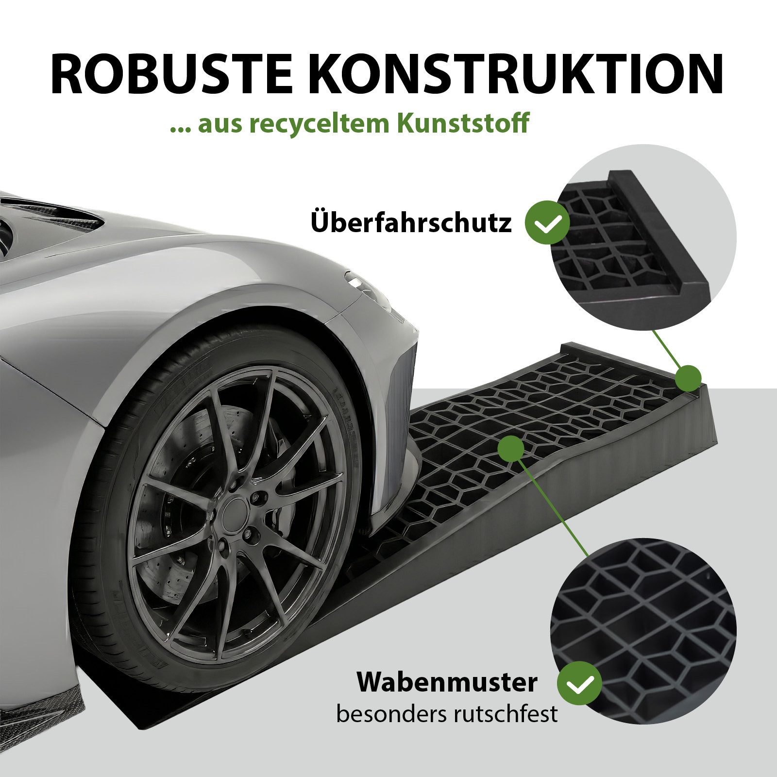 TRUTZHOLM Auffahrrampe Kunststoff 2x Ausgleichskeil extra flach PKW, Wohnwagen und Wohnmobil (2-St), Rutschfestes Wabenmuster, Überfahrschutz, hohe Tragkraft – Bild 2 von 5