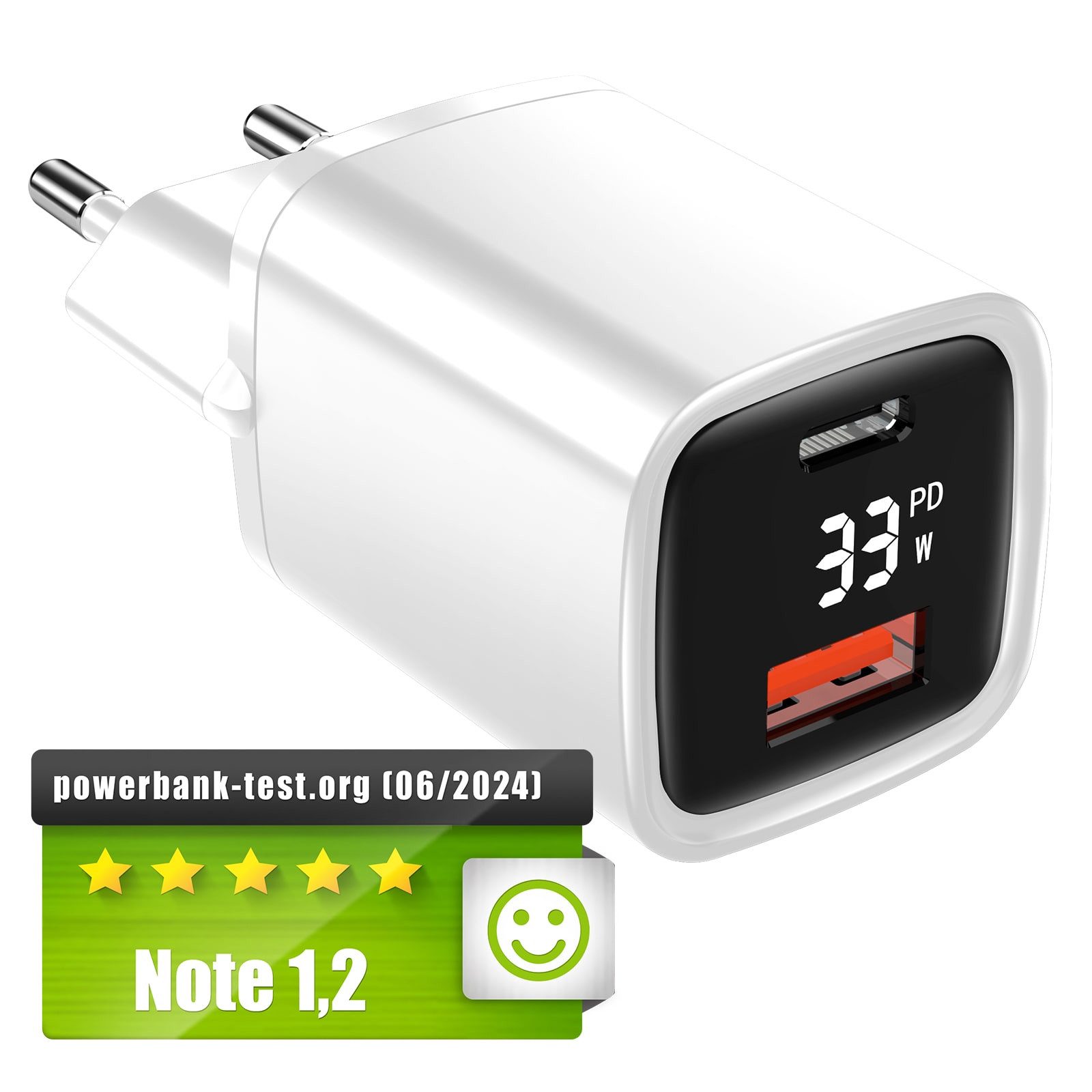 EAXUS 33 Watt USB-A + USB-C Netzteil mit Schnellladefunktion und Display USB-Ladegerät (4000,00 mA, optional inkl. Schnellladekabel, USB Power Delivery + QC4.0 Schnellladung, zeigt Ladegeschwindigkeit)