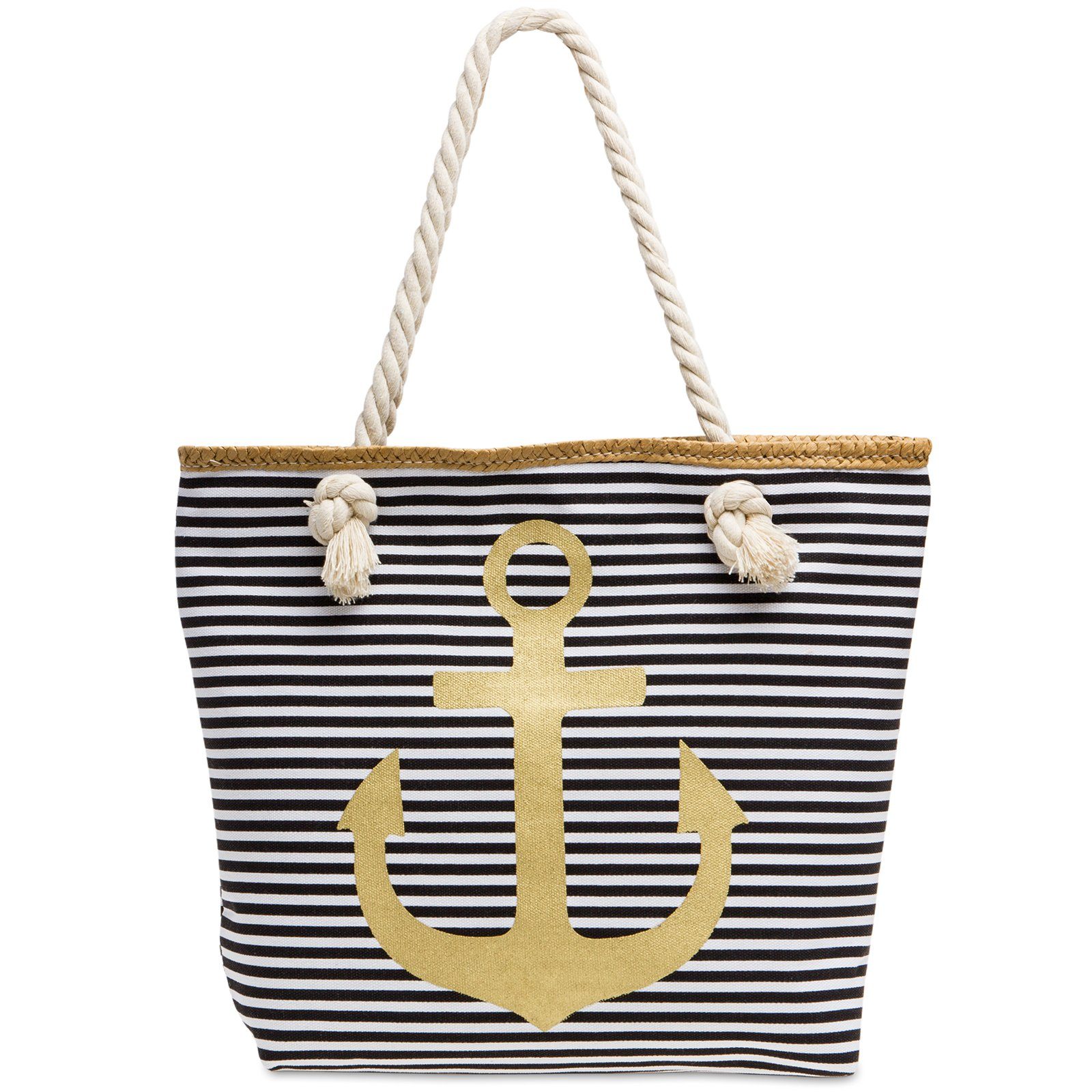 Caspar Strandtasche TS1040 Damen Strandtasche / Shopper mit Reißverschluss und maritimen Streifen ANKER Muster schwarz - gold | Canvas-Taschen