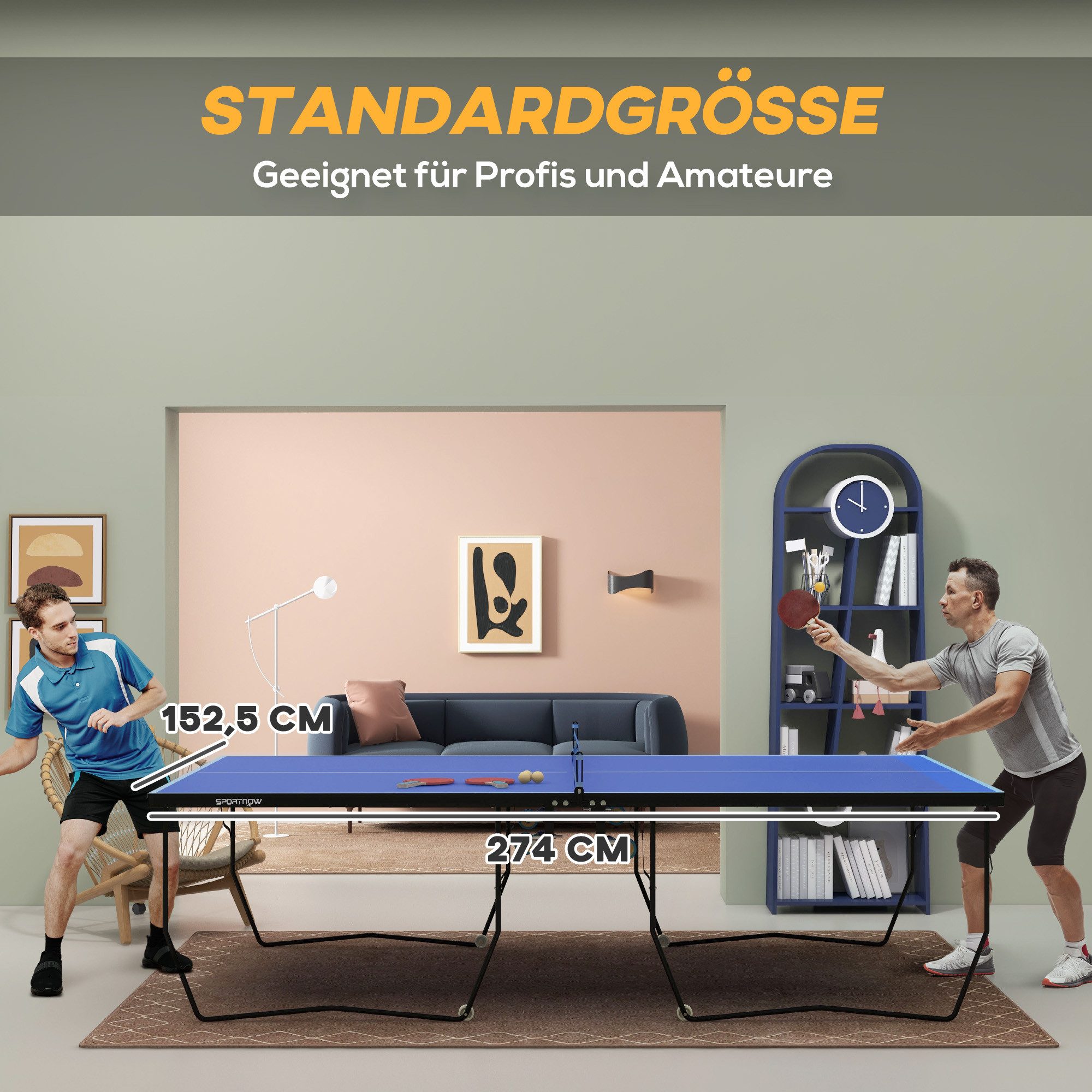 SPORTNOW Tischtennisplatte Tischtennisspiel-Set mit Netz, 2 Tischtennisschlägern und 3 Bällen (Tischtennistisch, 1-tlg., mit Rollen), 274 x 152,5 x 76, Blau