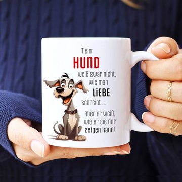 Cadouri Tasse LIEBE ZEIGEN Kaffeetasse mit Spruch - für Hundefreunde, Keramik, mit Hundespruch, beidseitig bedruckt, handgefertigt, Geschenk, 330 ml