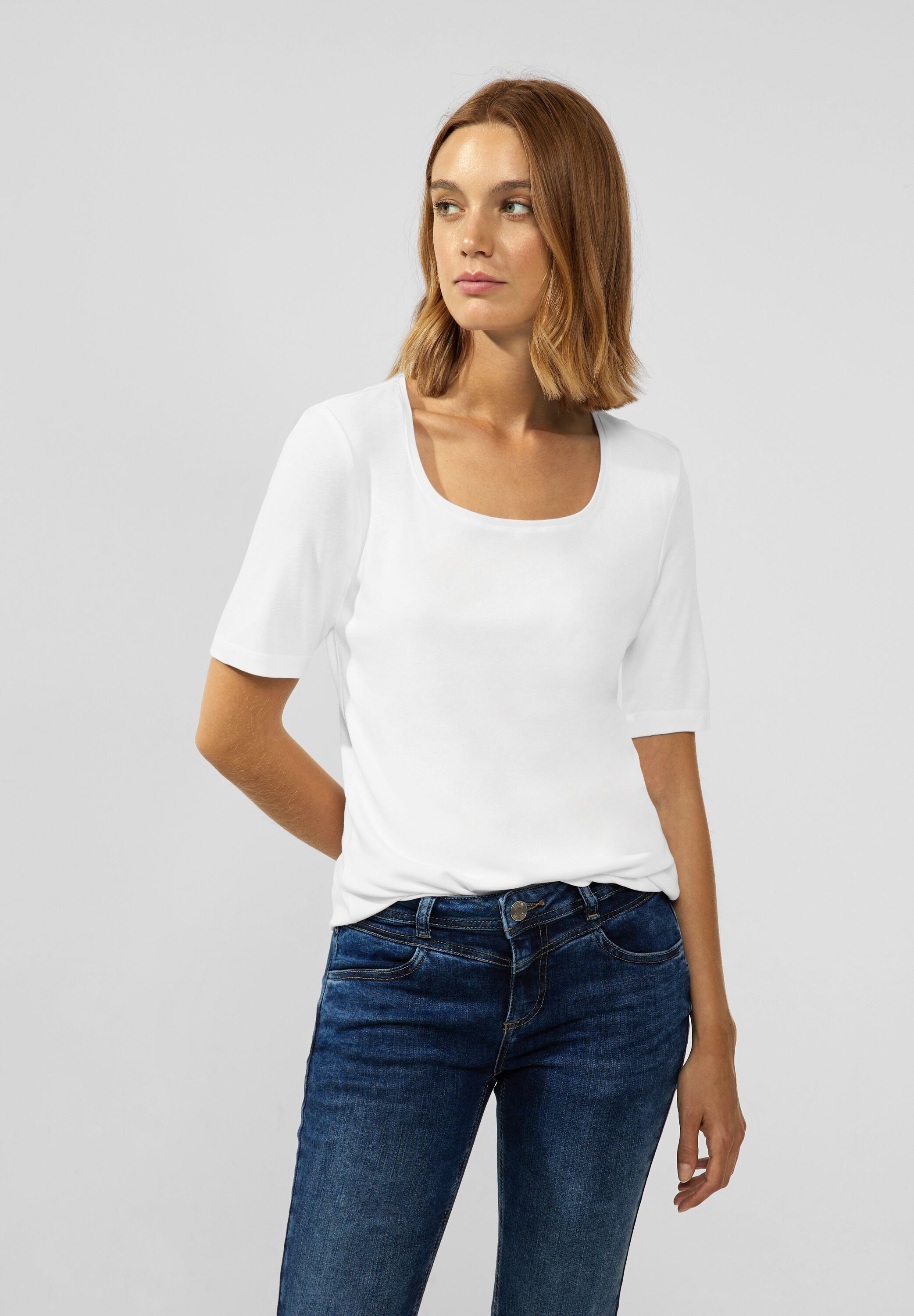 fein ONE Unifarbe Rundhalsshirt STREET in White