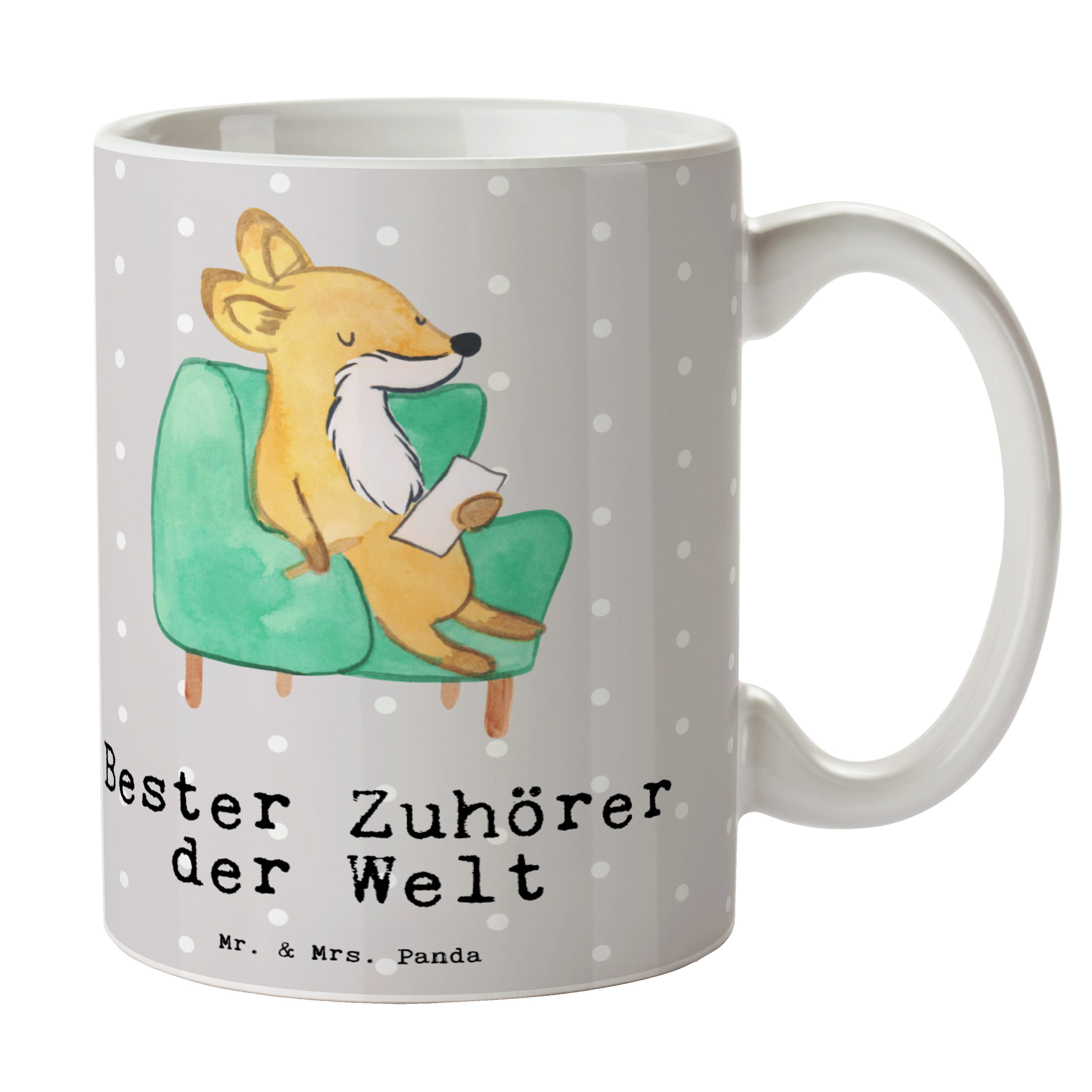 Mr. & Mrs. Panda Tasse Fuchs Bester Zuhörer der Welt - Grau Pastell - Geschenk, Kaffeetasse, Keramik